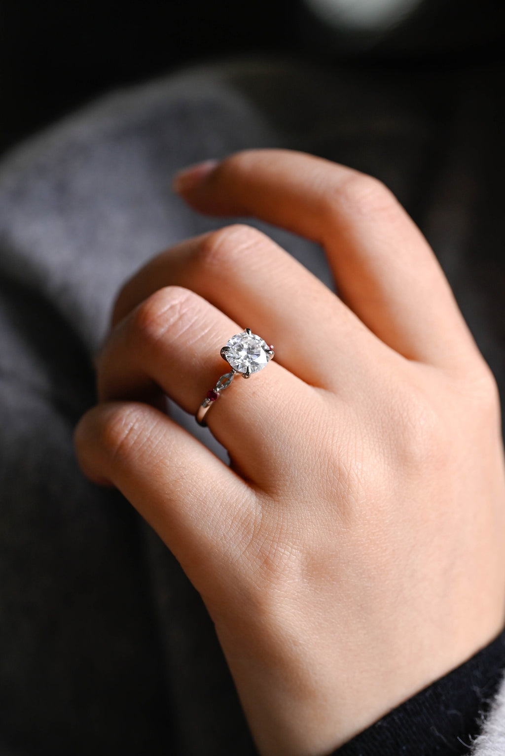 Solid Gold Round Moissanite Engagement Ring, Aquamarine & Ruby Side Stone Ring