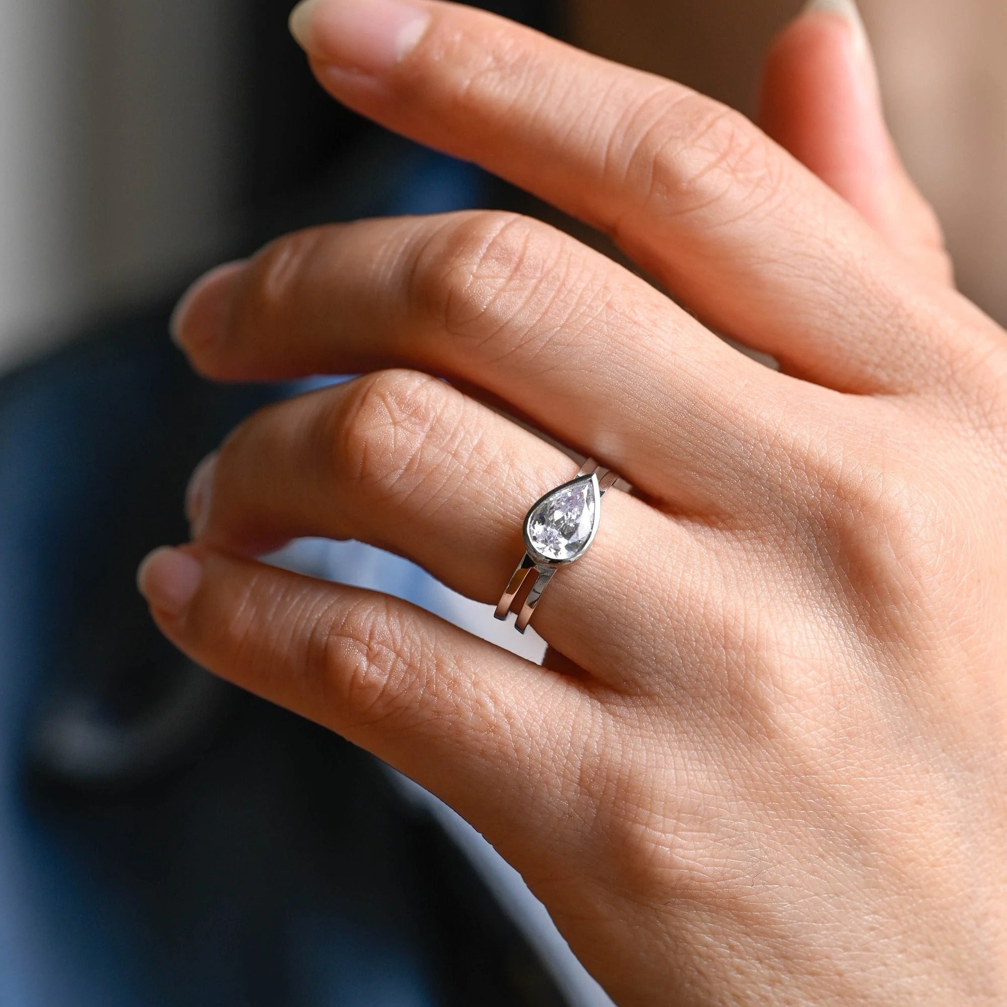 Solid Gold Pear Cut Moissanite Engagement Ring, Double Band Ring