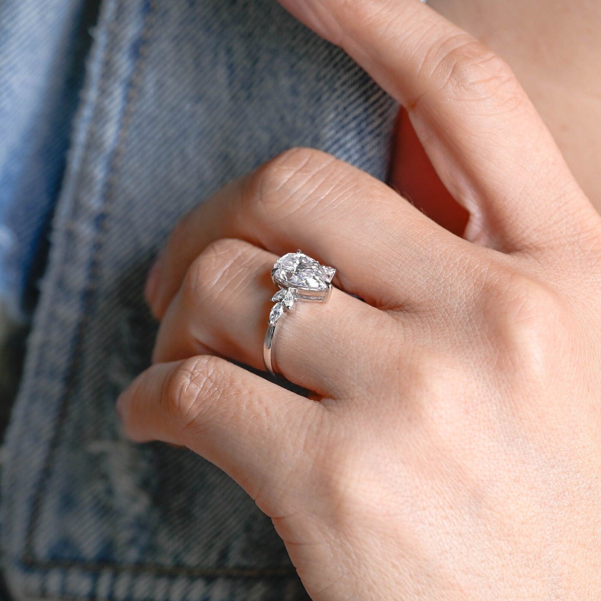 Solid Gold Pear Moissanite Engagement Ring, Proposal Ring for Her