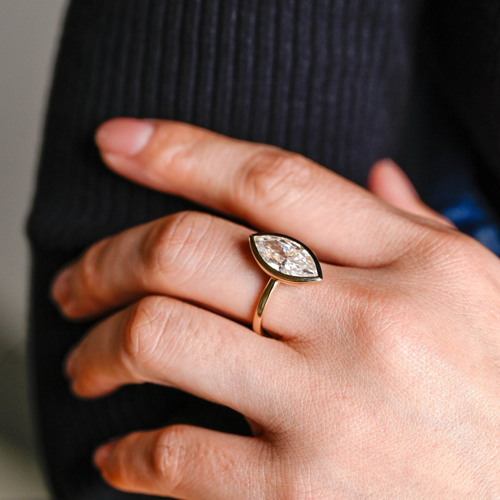 Solid Gold Marquise Moissanite Engagement Ring, Vintage Bezel Ring