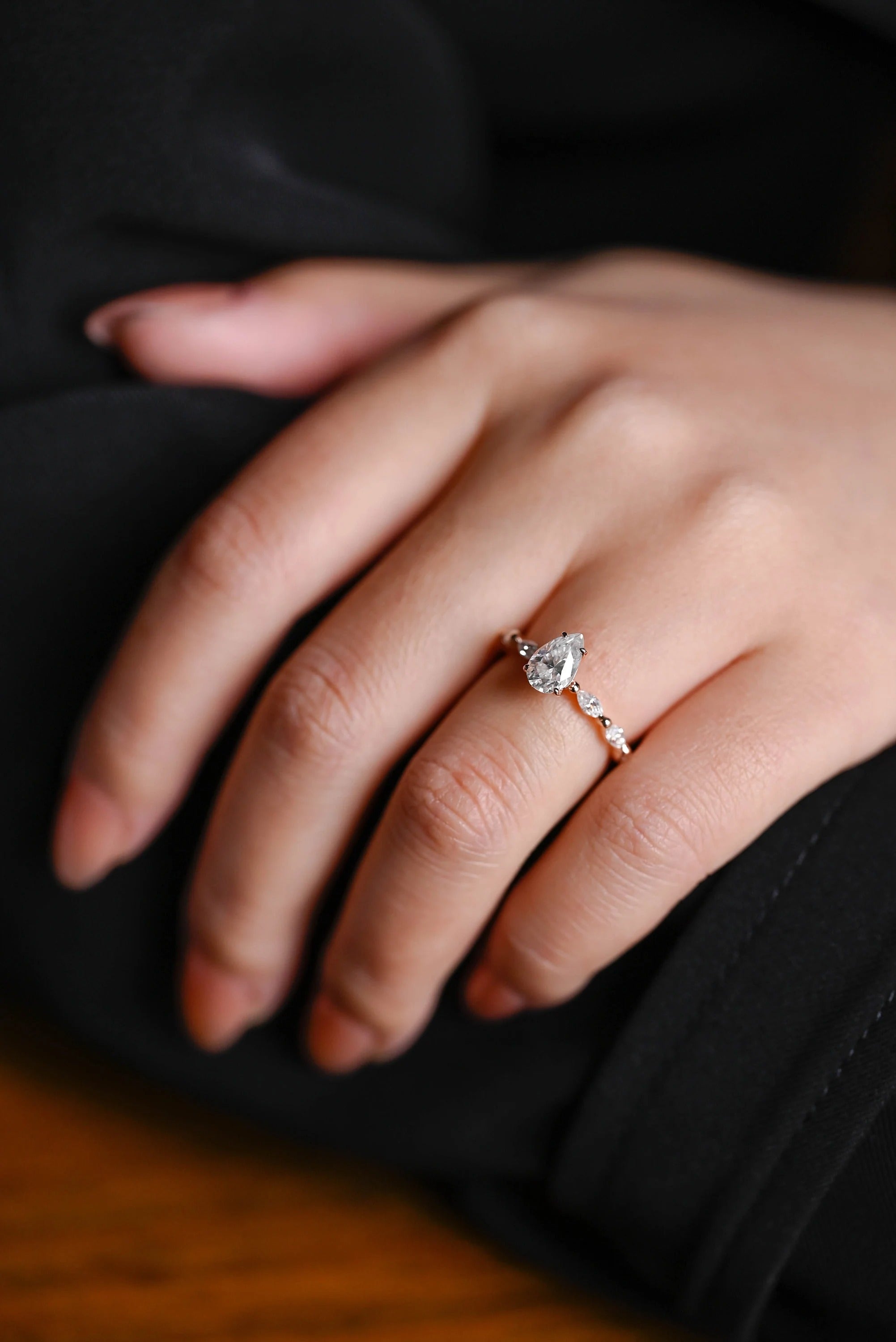 Solid Gold Pear Cut Moissanite Engagement Ring, Half Pave Proposal Ring