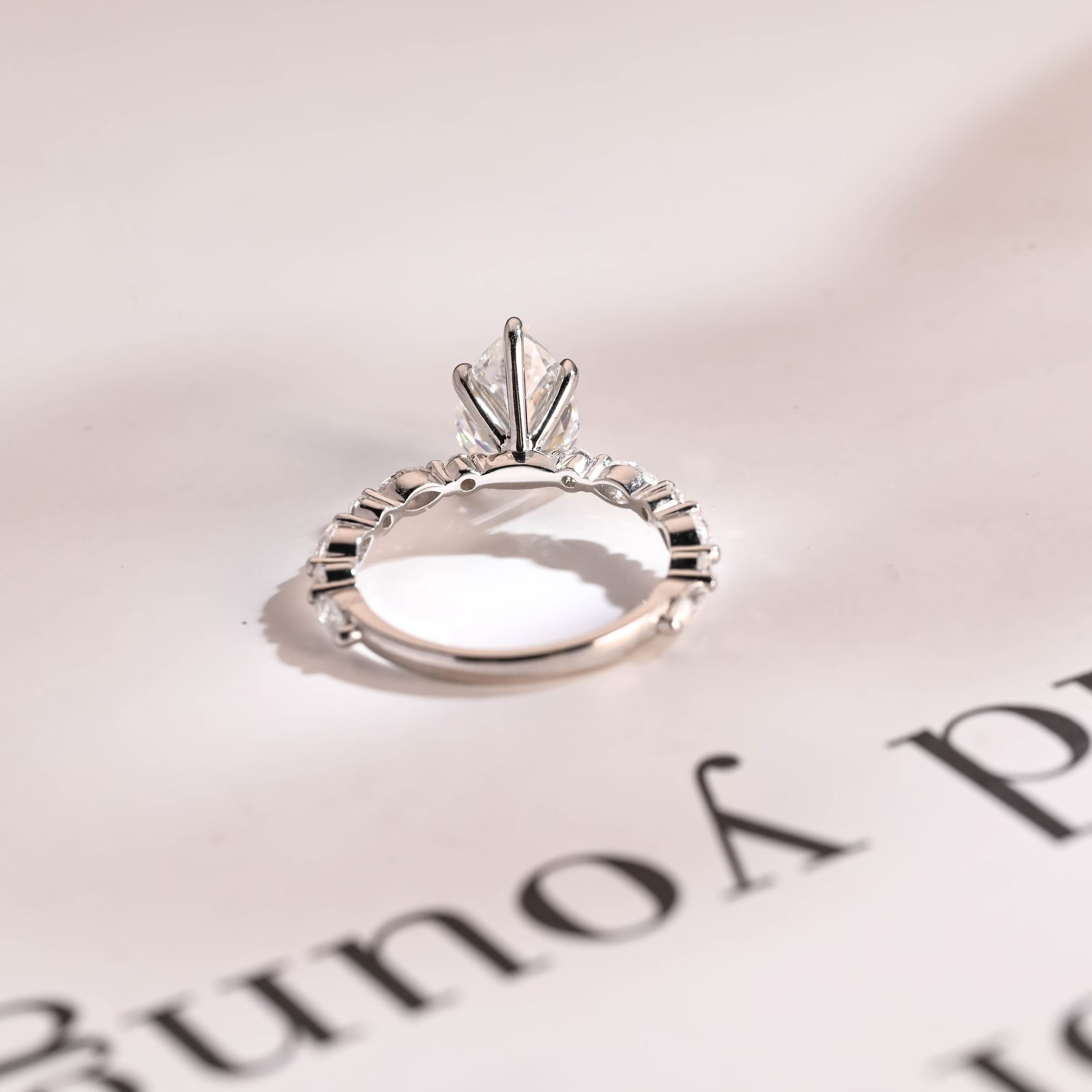 Solid Gold Pear Cut Moissanite Engagement Ring, Half Pave Proposal Ring