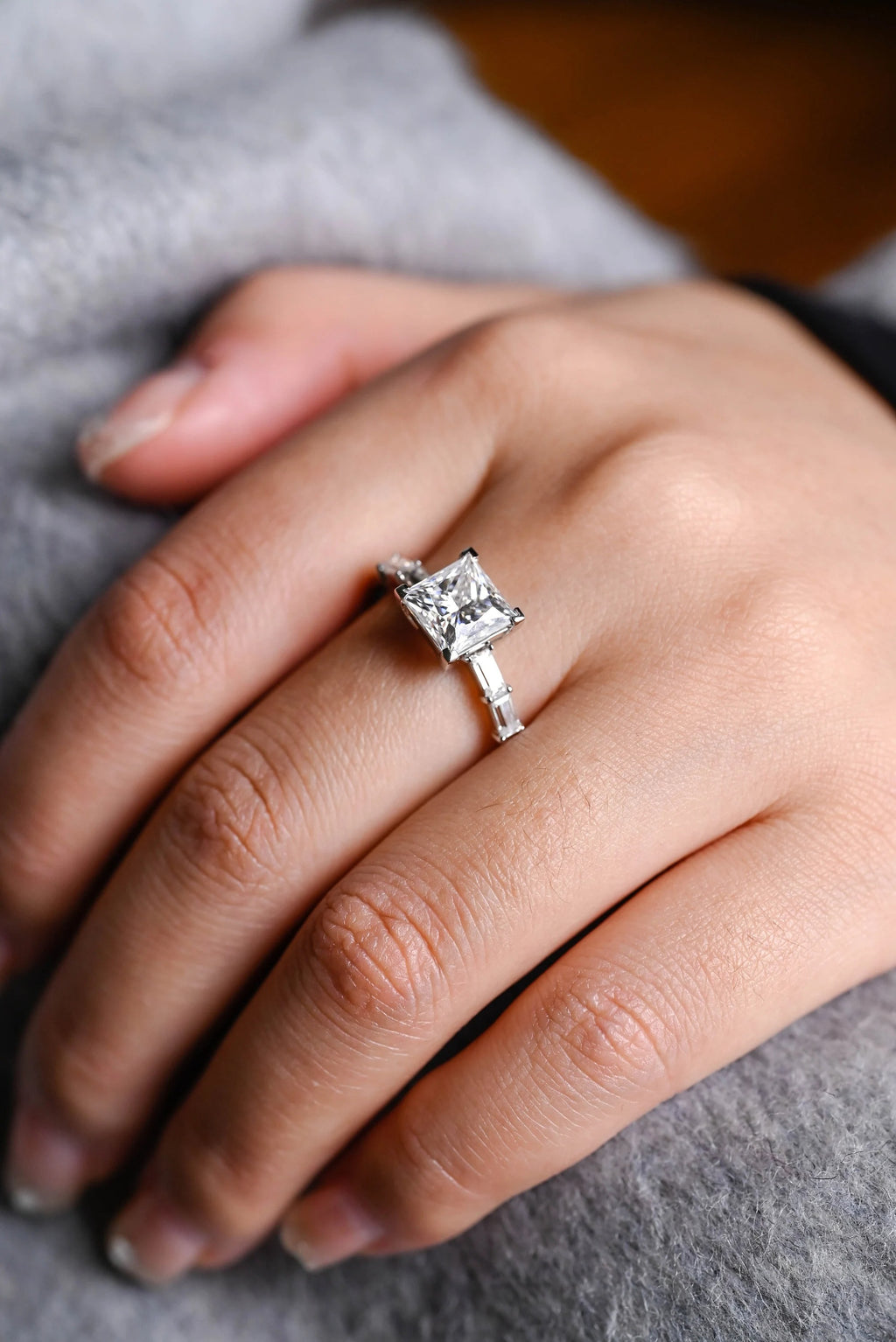 Solid Gold Princess Cut Moissanite Engagement Ring, Dainty Promise Ring