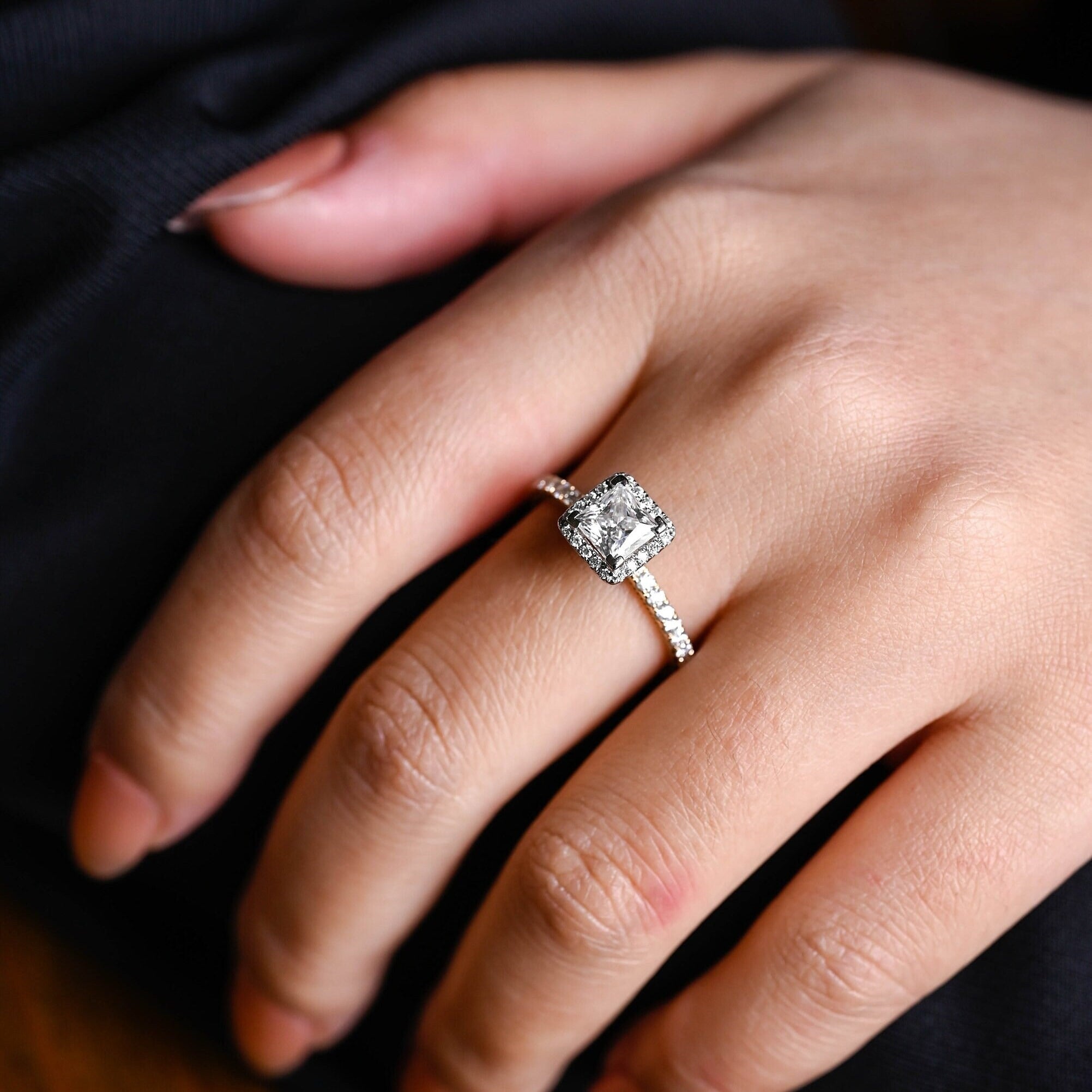 Solid Gold Two Tone Princess Moissanite Engagement Ring, Halo Bridal Ring