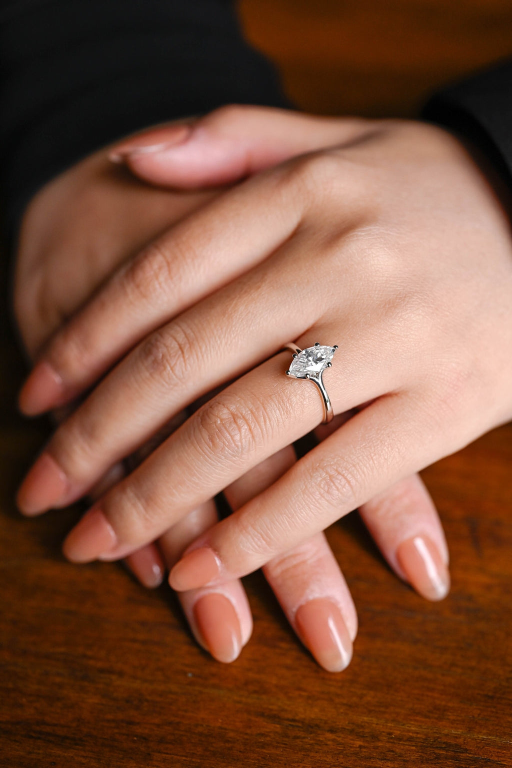 Solid Gold Marquise Cut Moissanite Engagement Ring, Promise Ring
