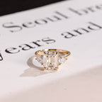 Solid Gold Emerald Cut Moissanite Engagement Ring With Trillion Accent, Three Stone Ring