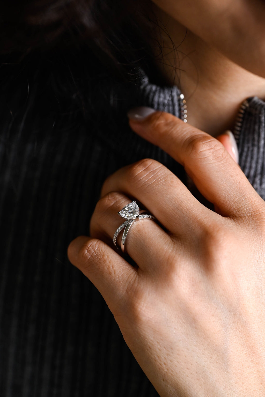 Solid Gold Trillion Cut Moissanite Engagement Ring, Double Band Open Shank Twisted Ring
