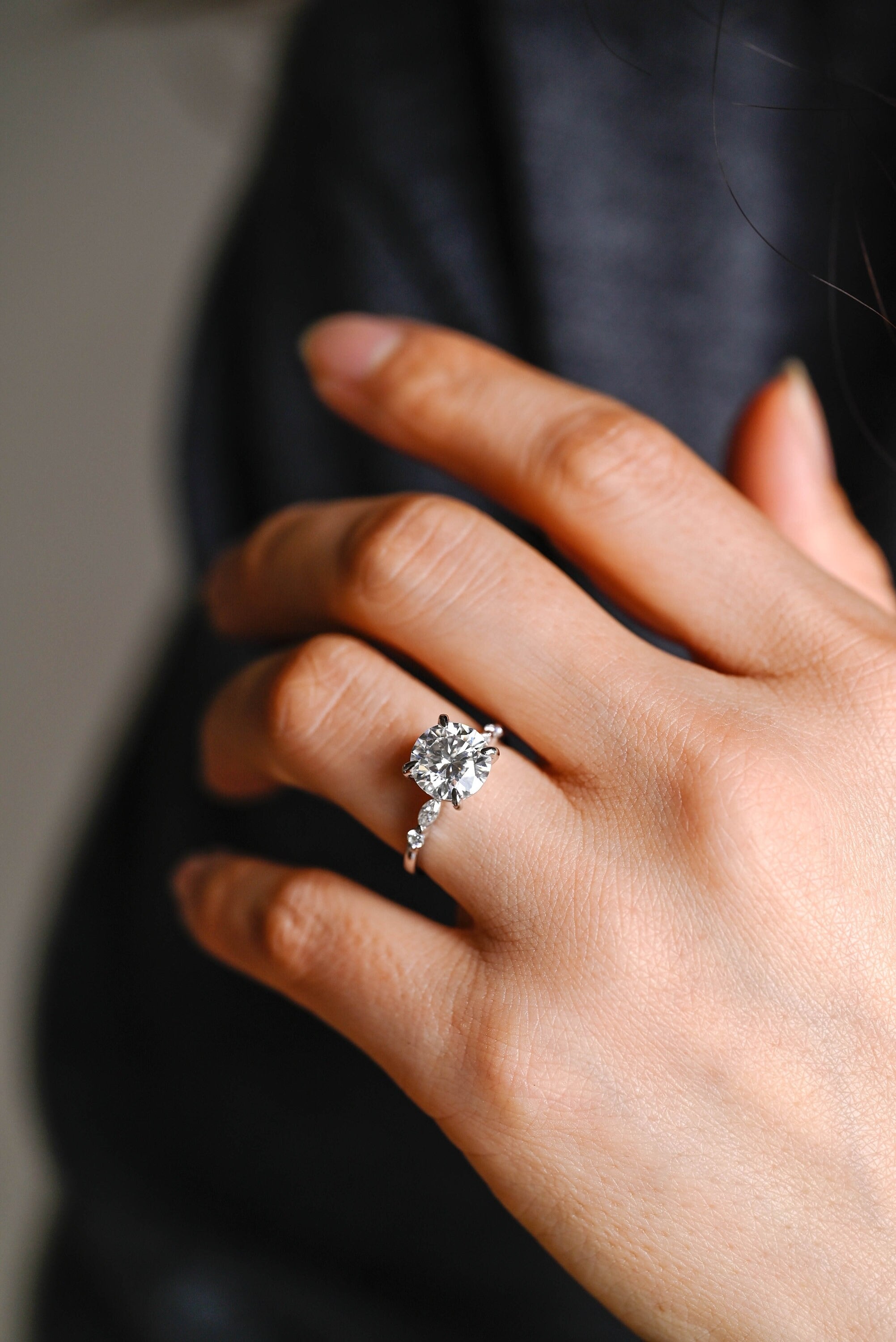 Solid Gold Round Moissanite Engagement Ring, Promise Ring for Her