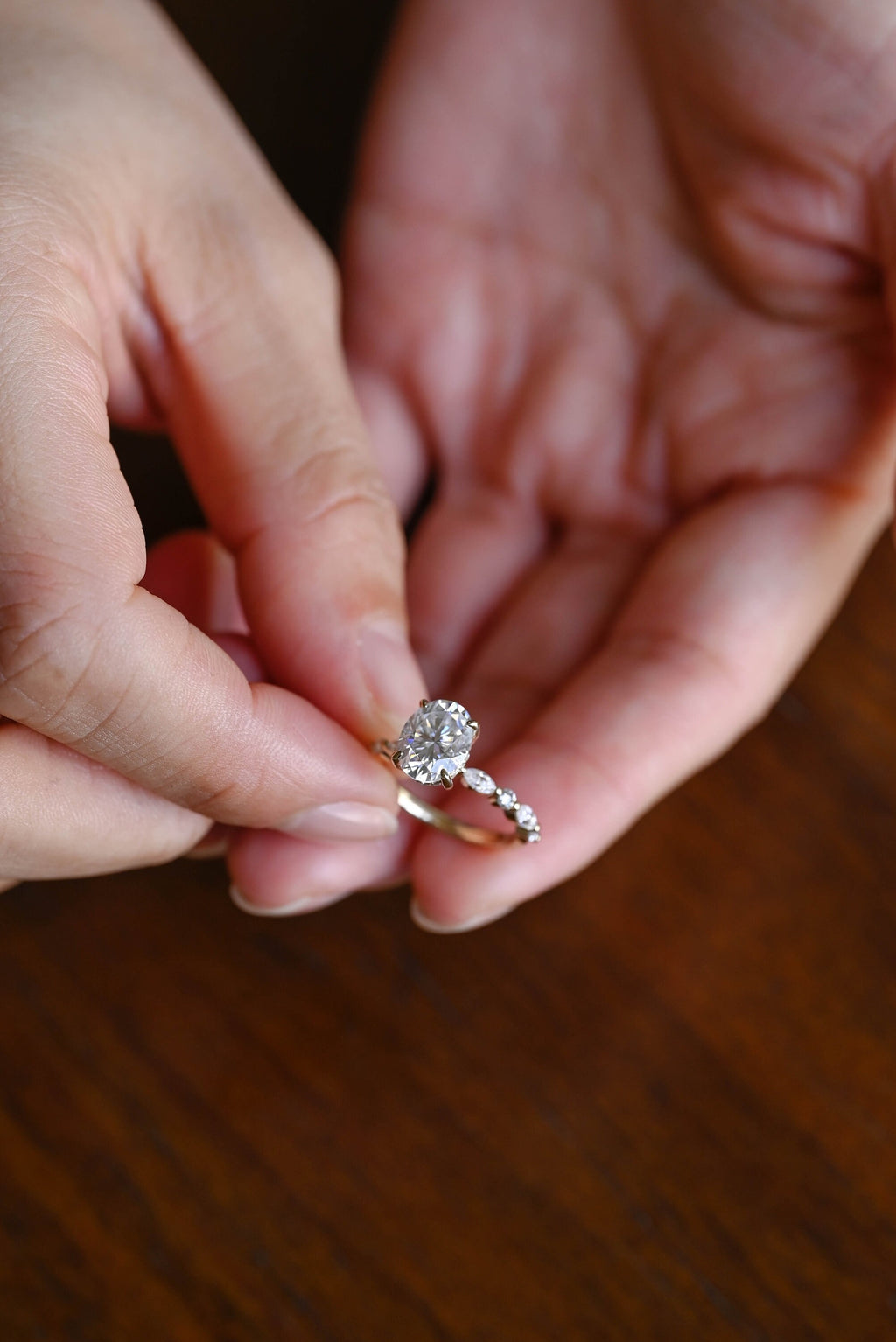 Solid Gold Oval Moissanite Engagement Ring, Hidden Halo Proposal Ring