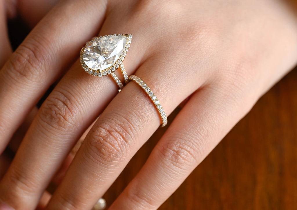 Solid Gold Pear Moissanite Engagement Ring, Double Band Split Shank Halo & Half Eternity Proposal Ring