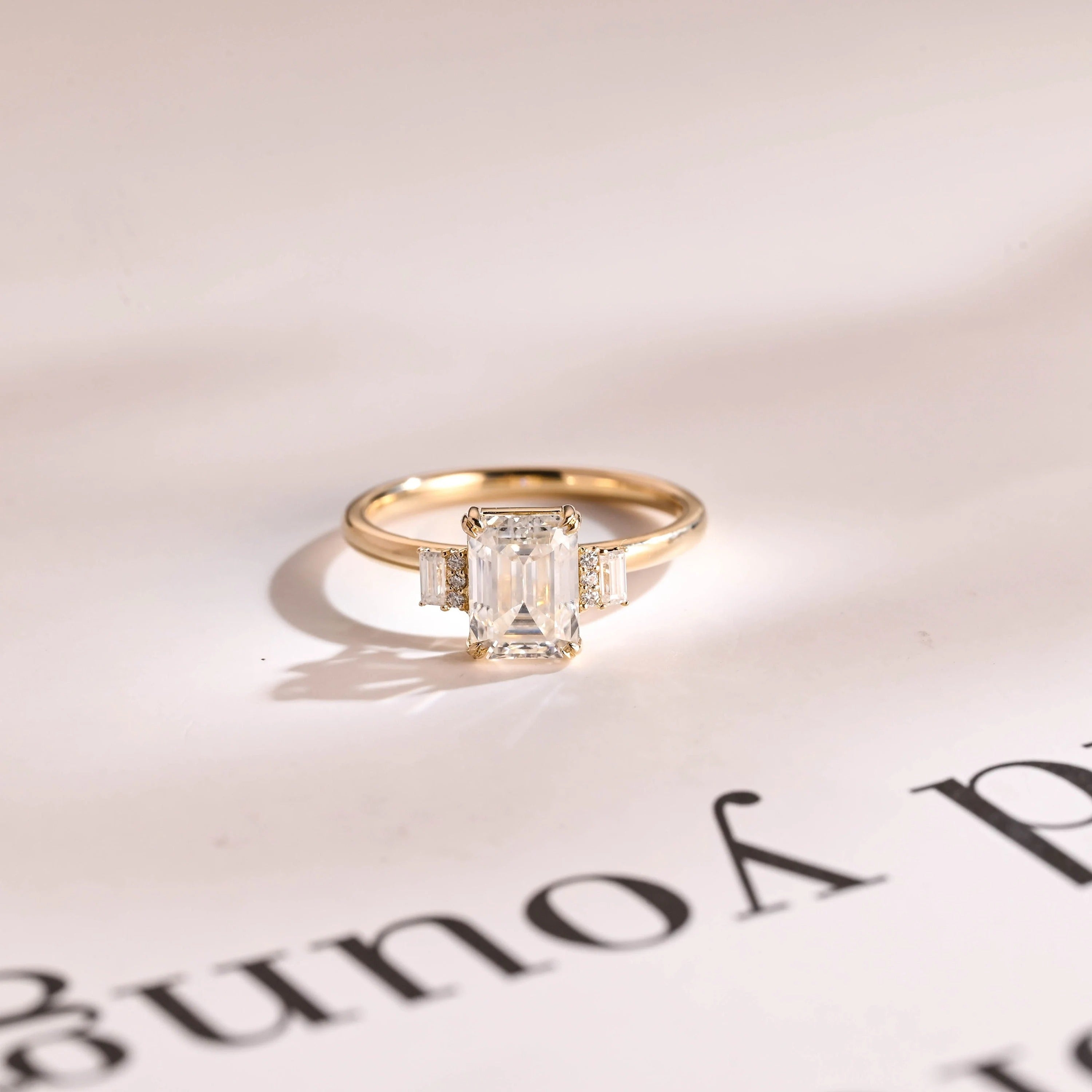 Solid Gold Emerald Cut Moissanite Engagement Ring, Dainty Cluster Promise Ring Main image