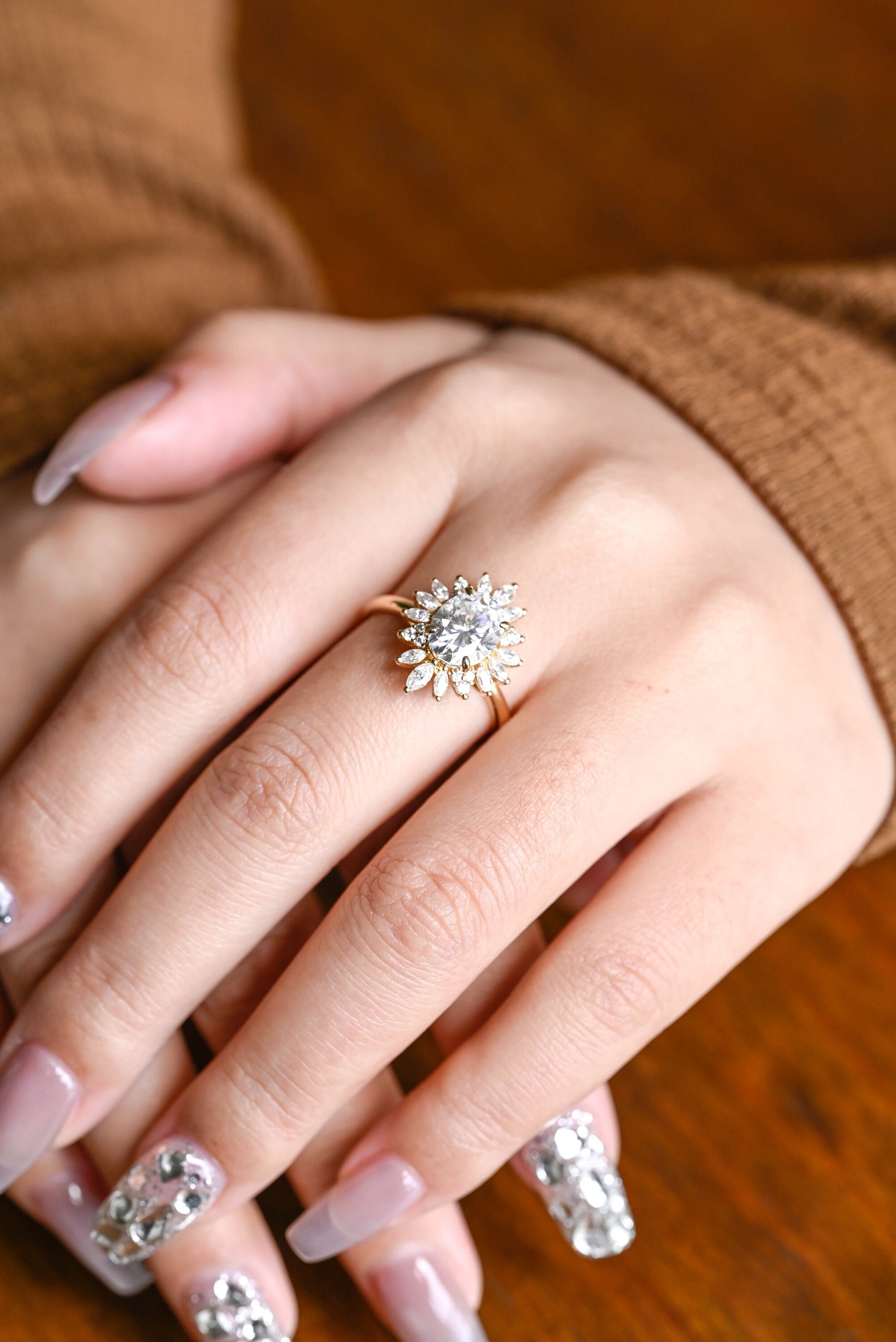Solid Gold Oval Moissanite Engagement Ring, Floral Halo Proposal Ring