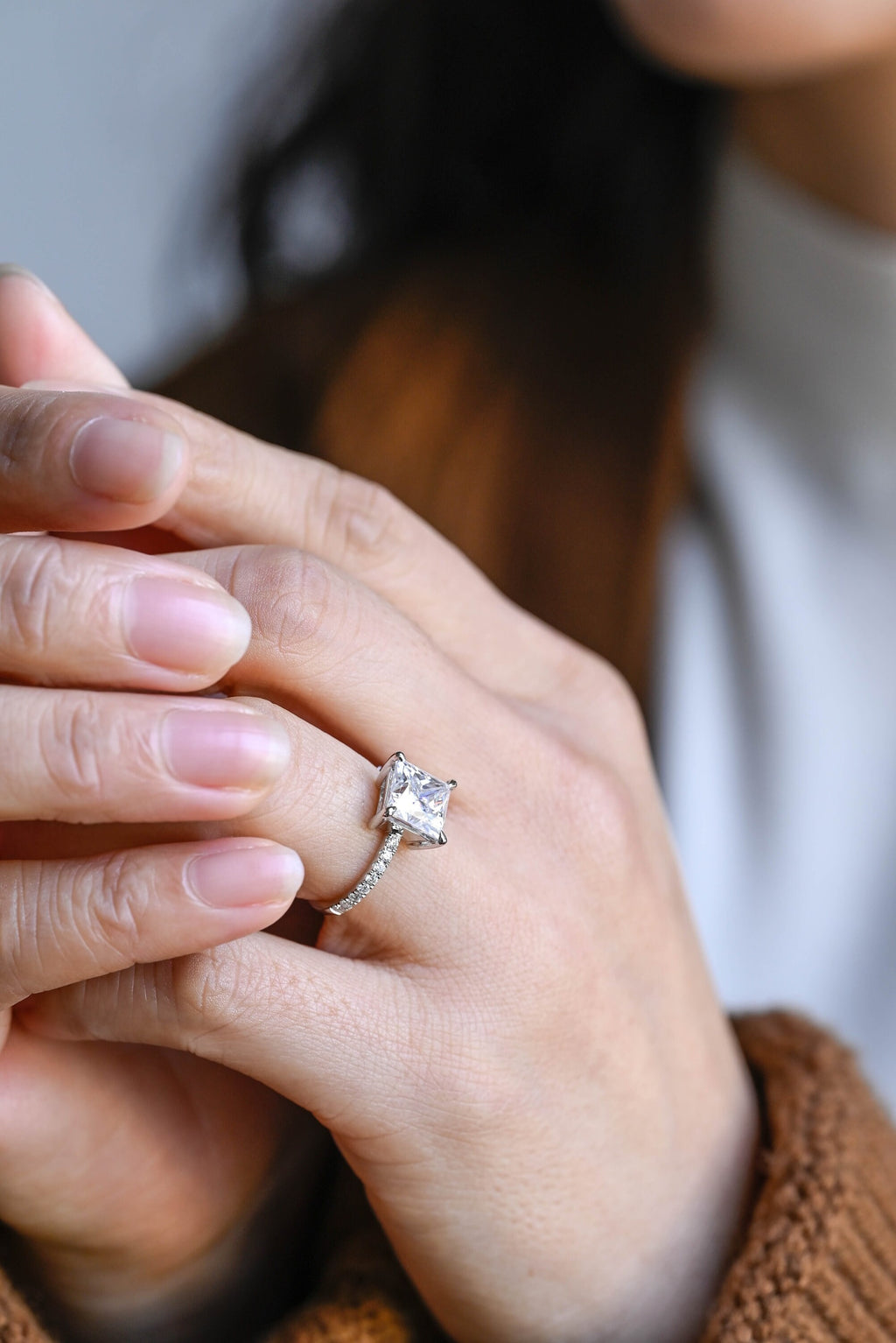 Solid Gold Half Eternity Princess Cut Moissanite Engagement Ring, Promise Ring
