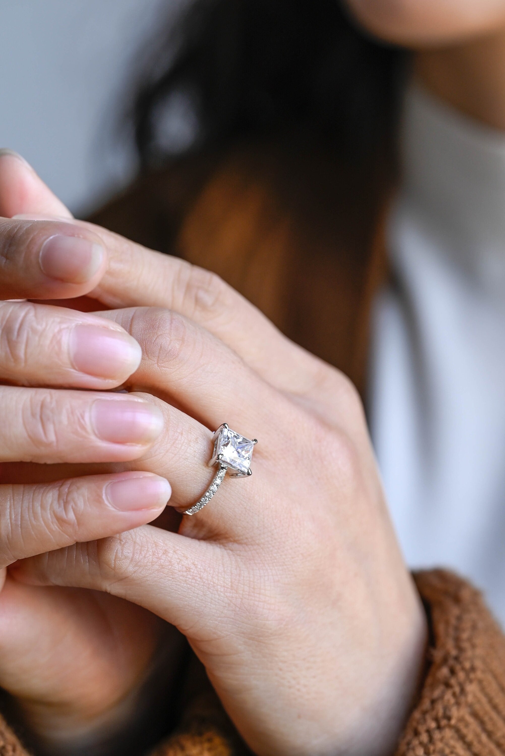 Solid Gold Half Eternity Princess Cut Moissanite Engagement Ring, Promise Ring