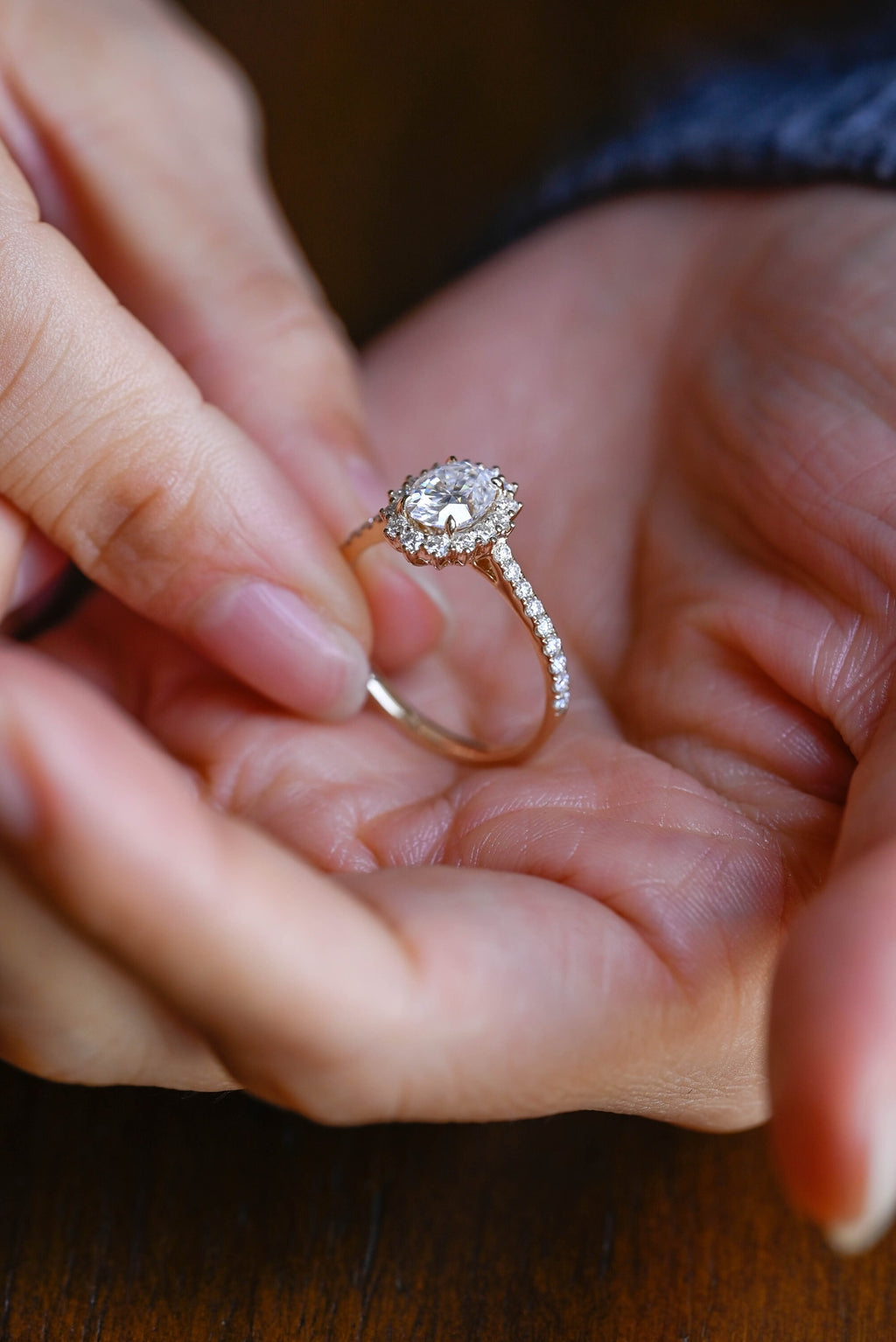 Solid Gold Floral Halo Oval Moissanite Engagement Ring, Half Eternity Proposal Ring