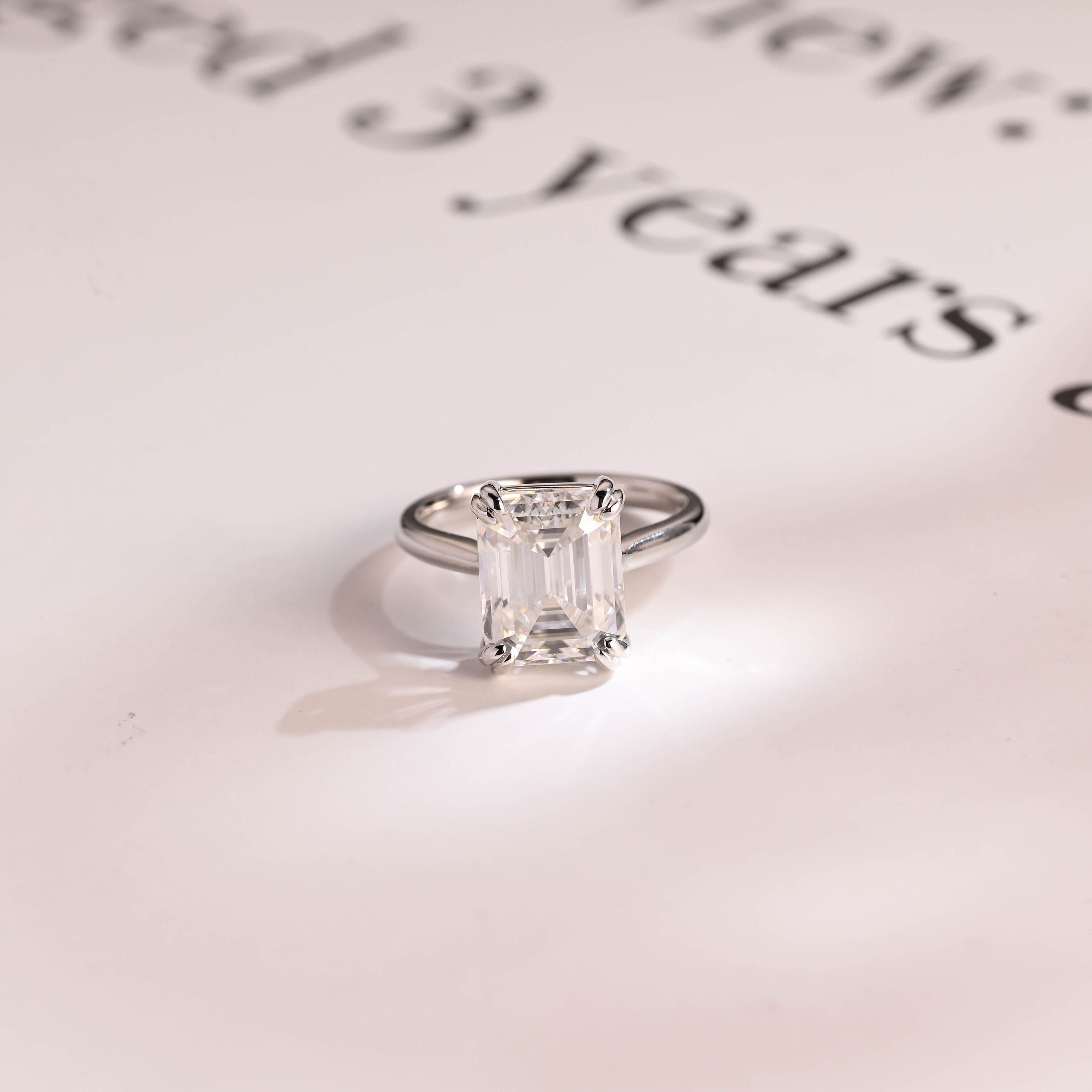 Solid Gold Double Claws Emerald Cut Moissanite Engagement Ring, Anniversary Gift Main image