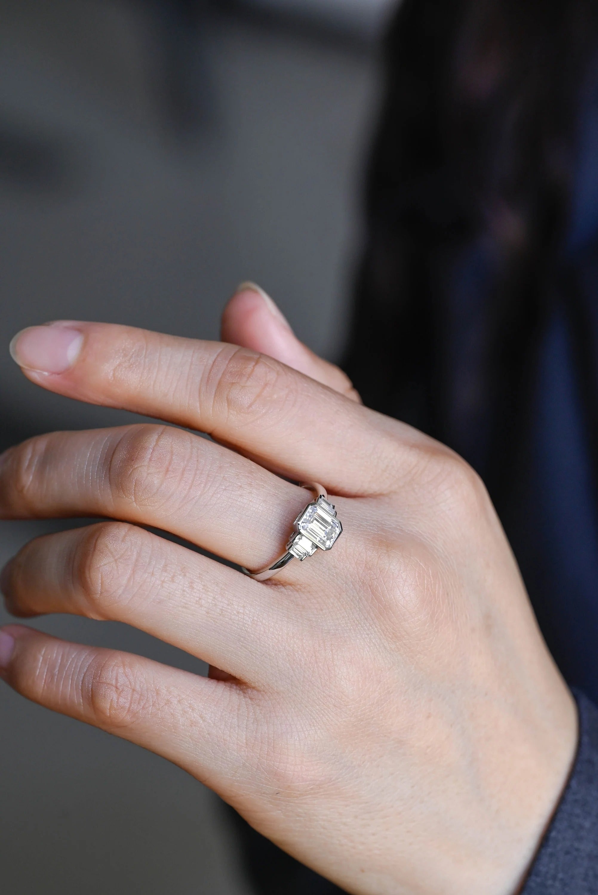 Solid Gold Emerald & Baguette Cut Moissanite Engagement Ring, Minimalist Cluster Bezel Ring