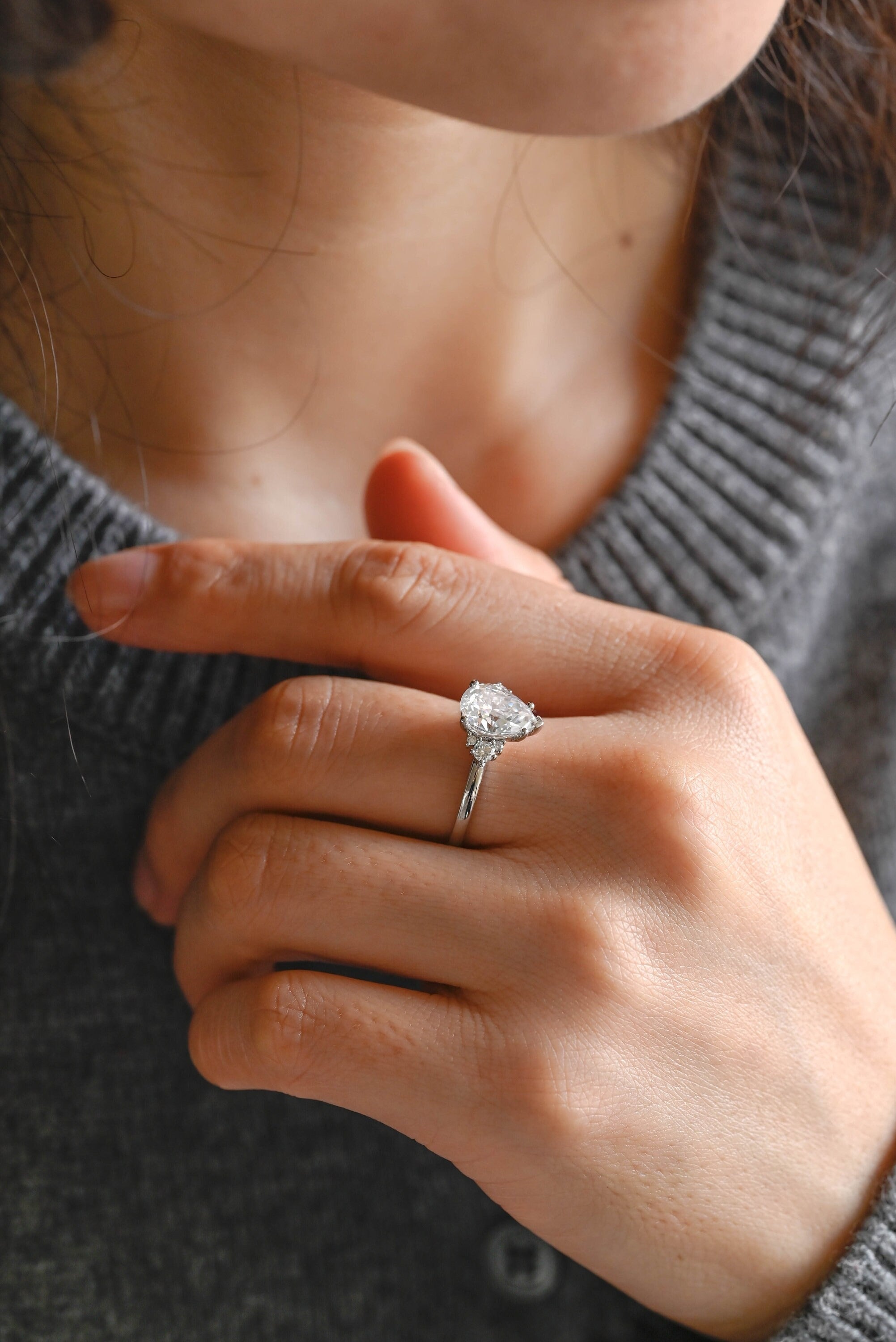 Solid Gold Pear Moissanite Engagement Ring with Accent Stone, Tear Drop Ring
