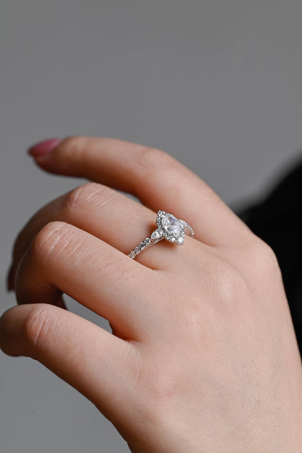 Solid Gold Halo Crushed Ice Oval Moissanite Engagement Ring, Half Eternity Proposal Ring