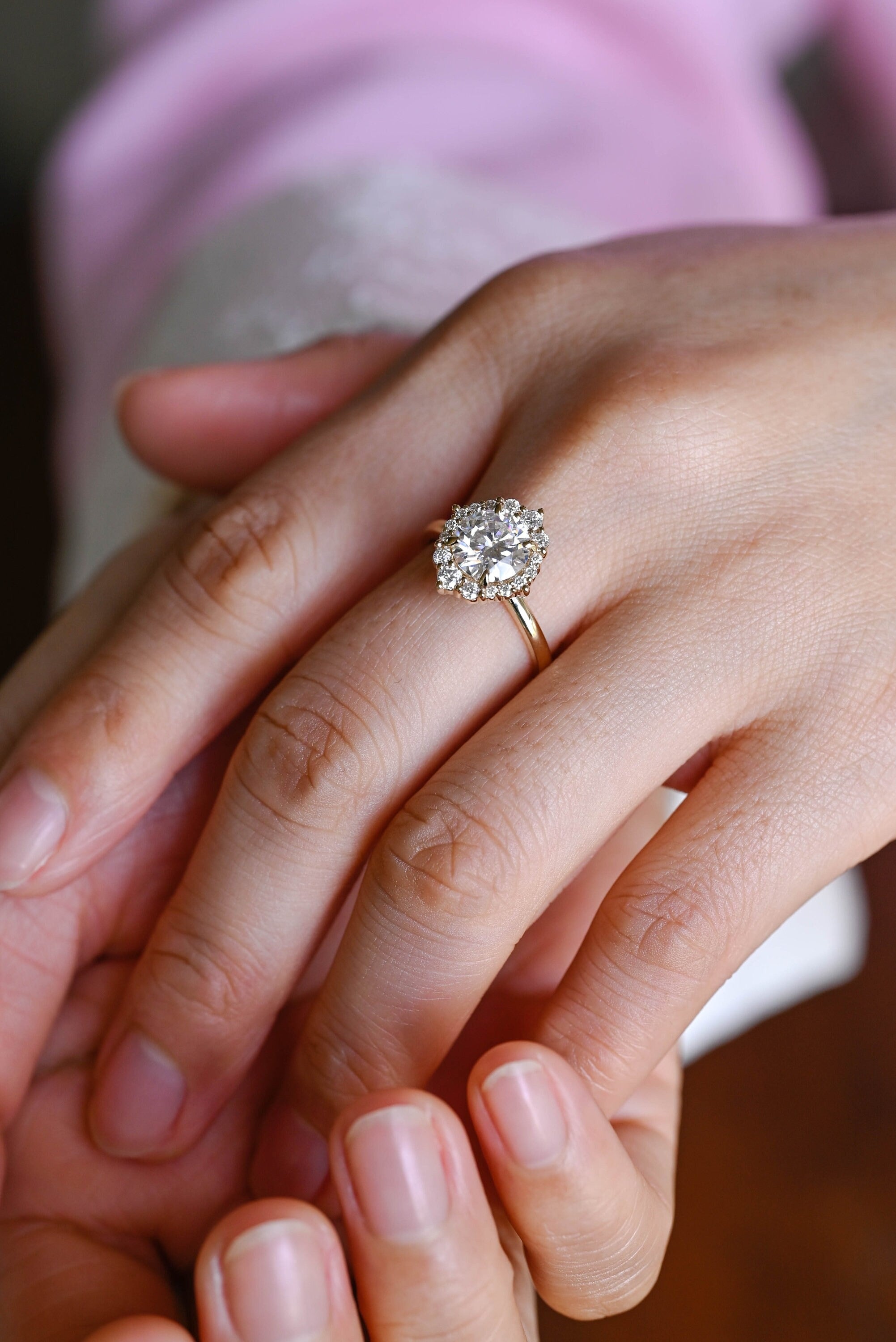 Solid Gold Sunflower Round Moissanite Engagement Ring, Dainty Promise Ring