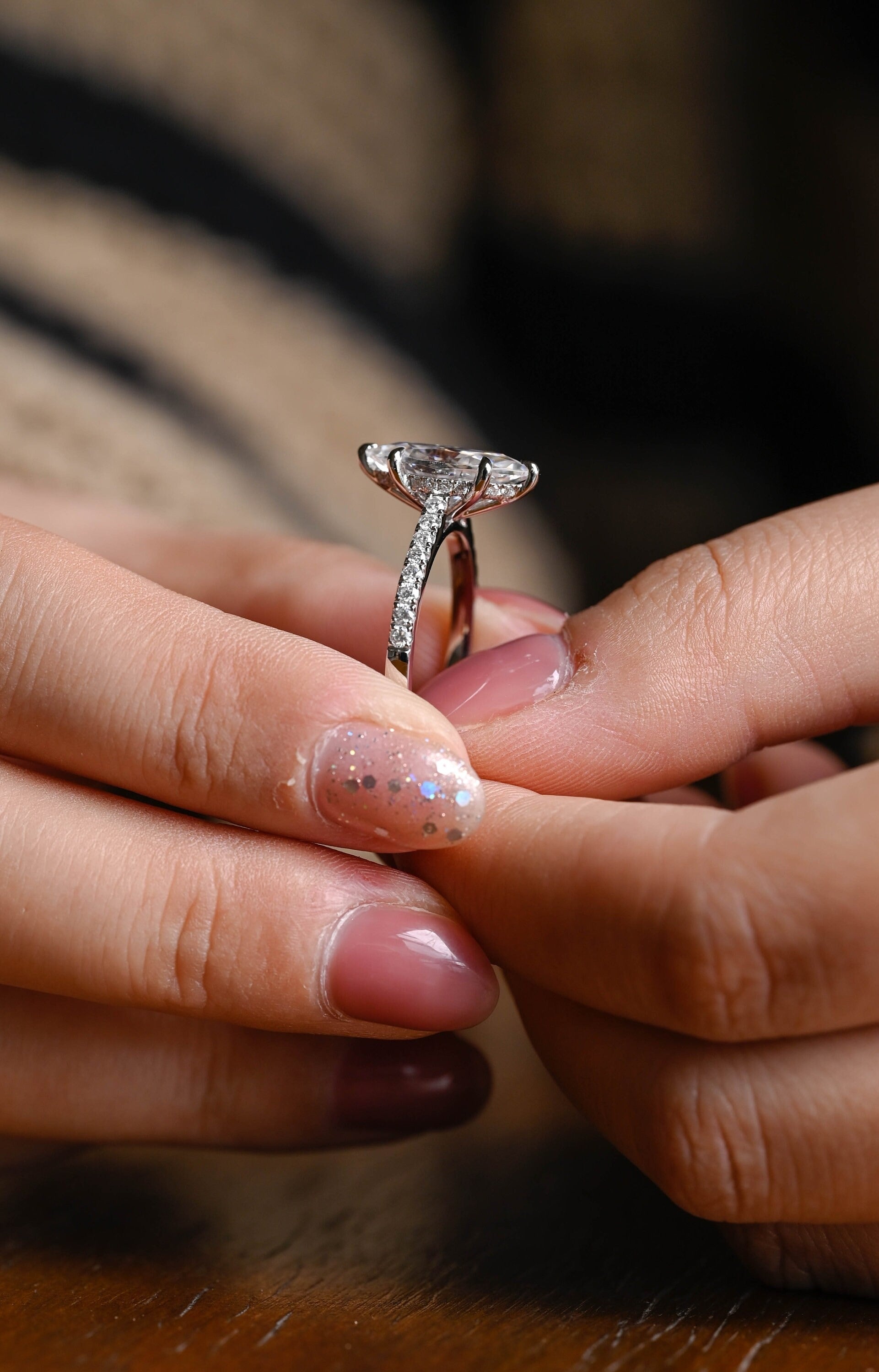 Solid Gold Marquise Cut Moissanite Engagement Ring with Hidden Halo