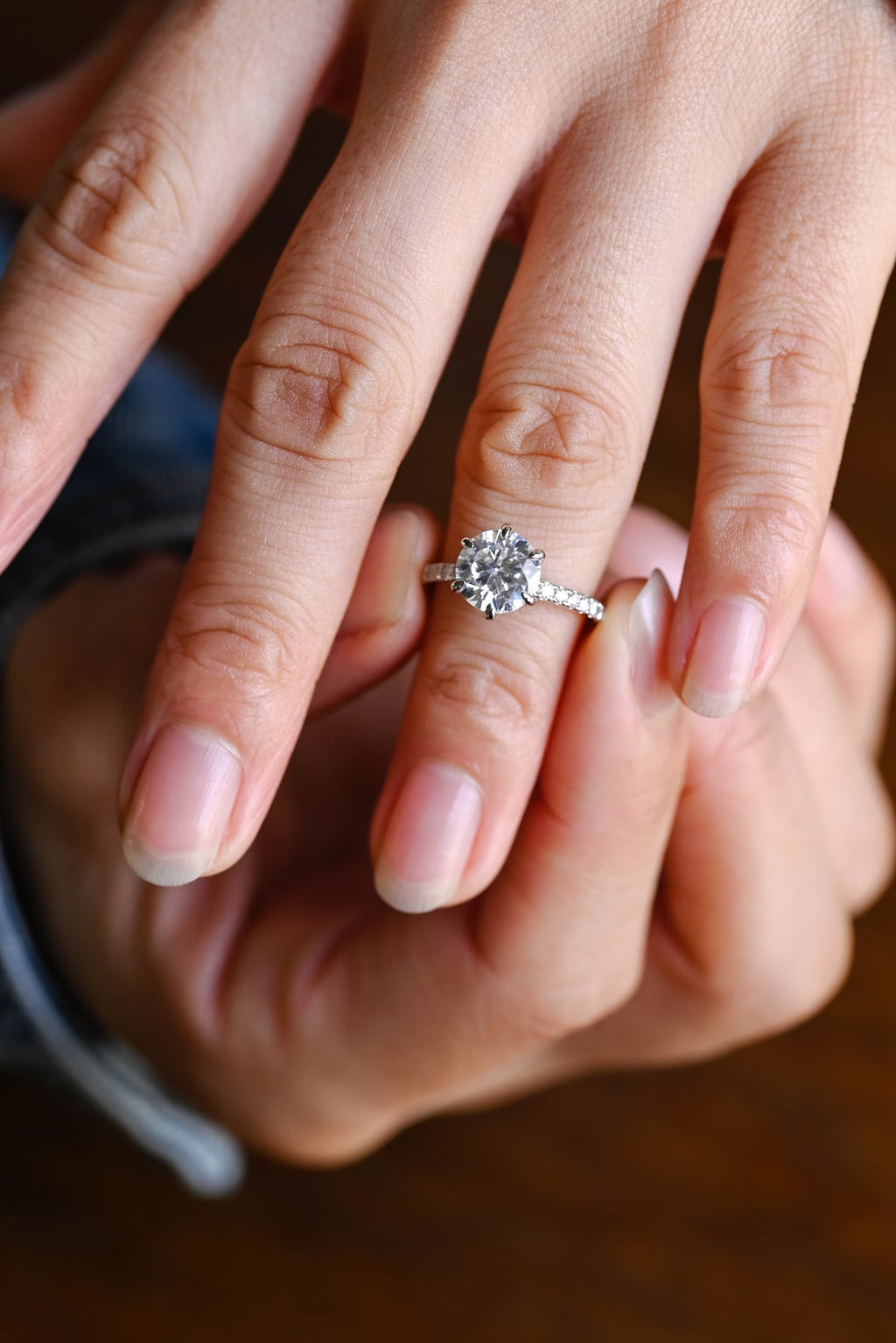 Solid Gold Half Eternity Round Moissanite Engagement Ring, Anniversary Gift for Wife