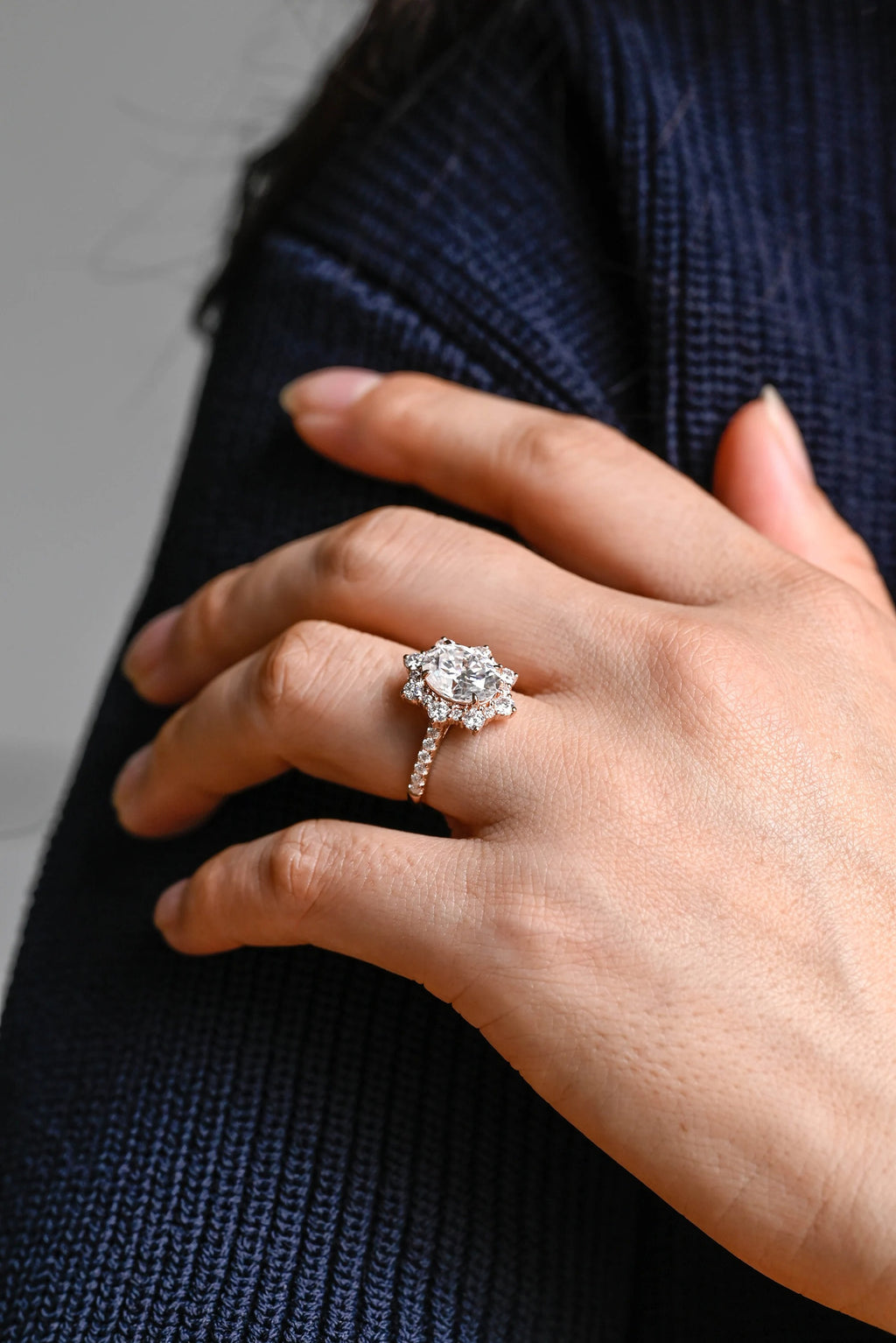 Solid Gold Floral Halo Oval Moissanite Half Eternity Engagement Ring