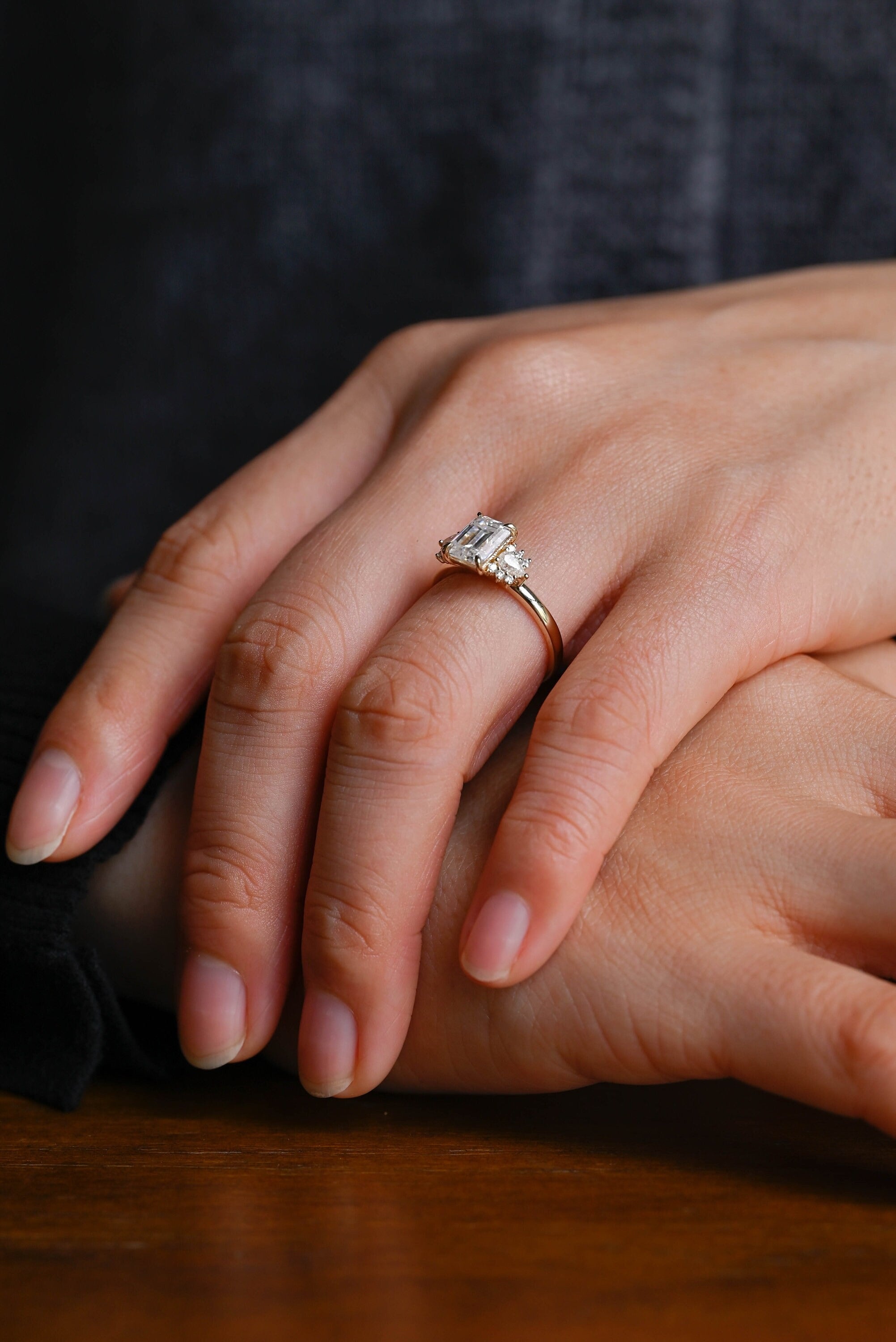 Solid Gold Emerald Cut Moissanite Engagement Ring With Trapezoid, Dainty Cluster Promise Ring