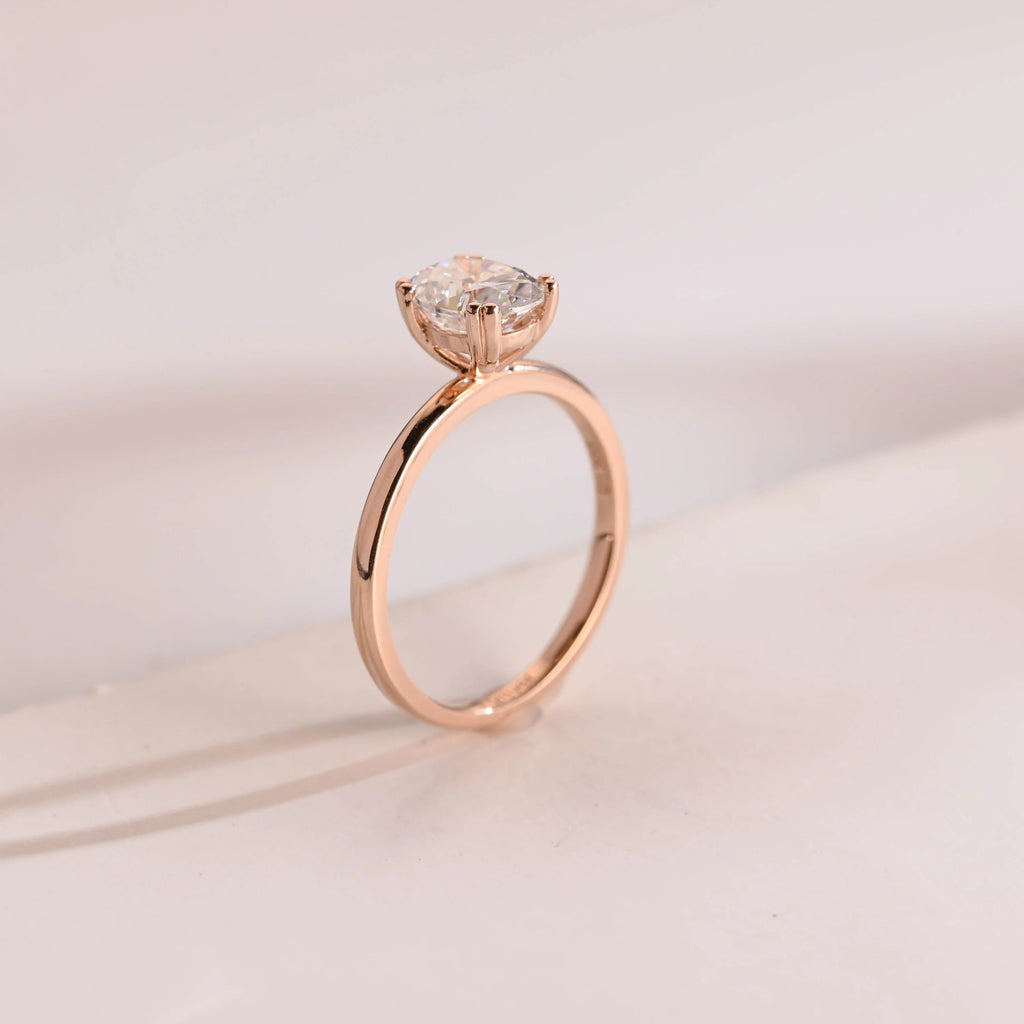 Solid Gold Double Prongs Oval Moissanite Engagement Ring, Promise Ring