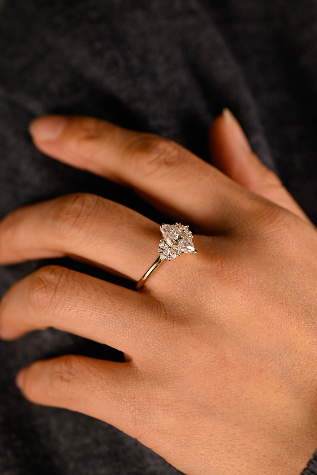 Solid Gold Marquise Moissanite Engagement Ring with Accent Stones