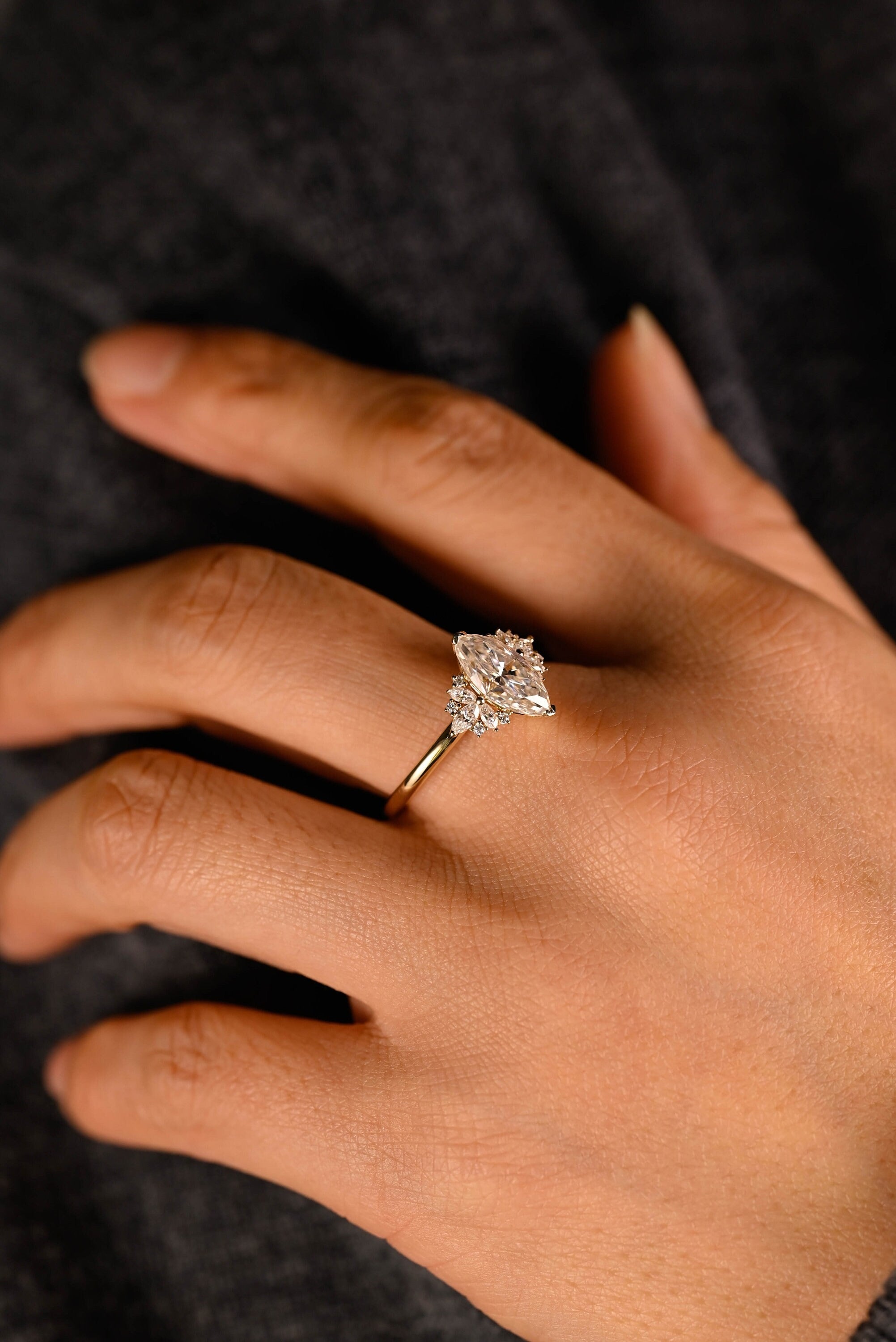 Solid Gold Marquise Moissanite Engagement Ring with Accent Stones