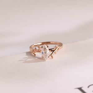Solid Gold Leaf Ring, Marquise Moissanite Engagement Ring, Proposal Ring