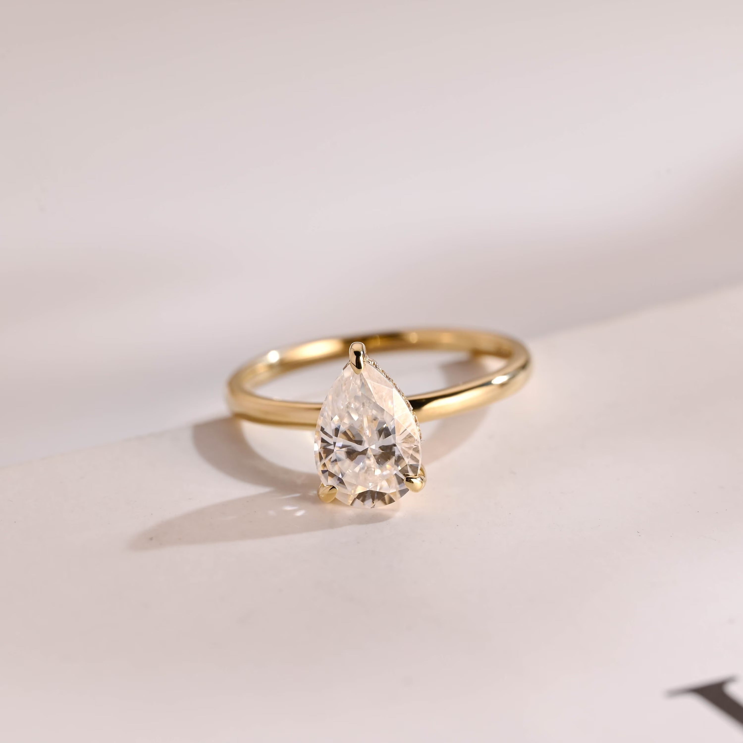 Solid Gold Pear Moissanite Engagement Ring, Hidden Halo Promise Ring Main image