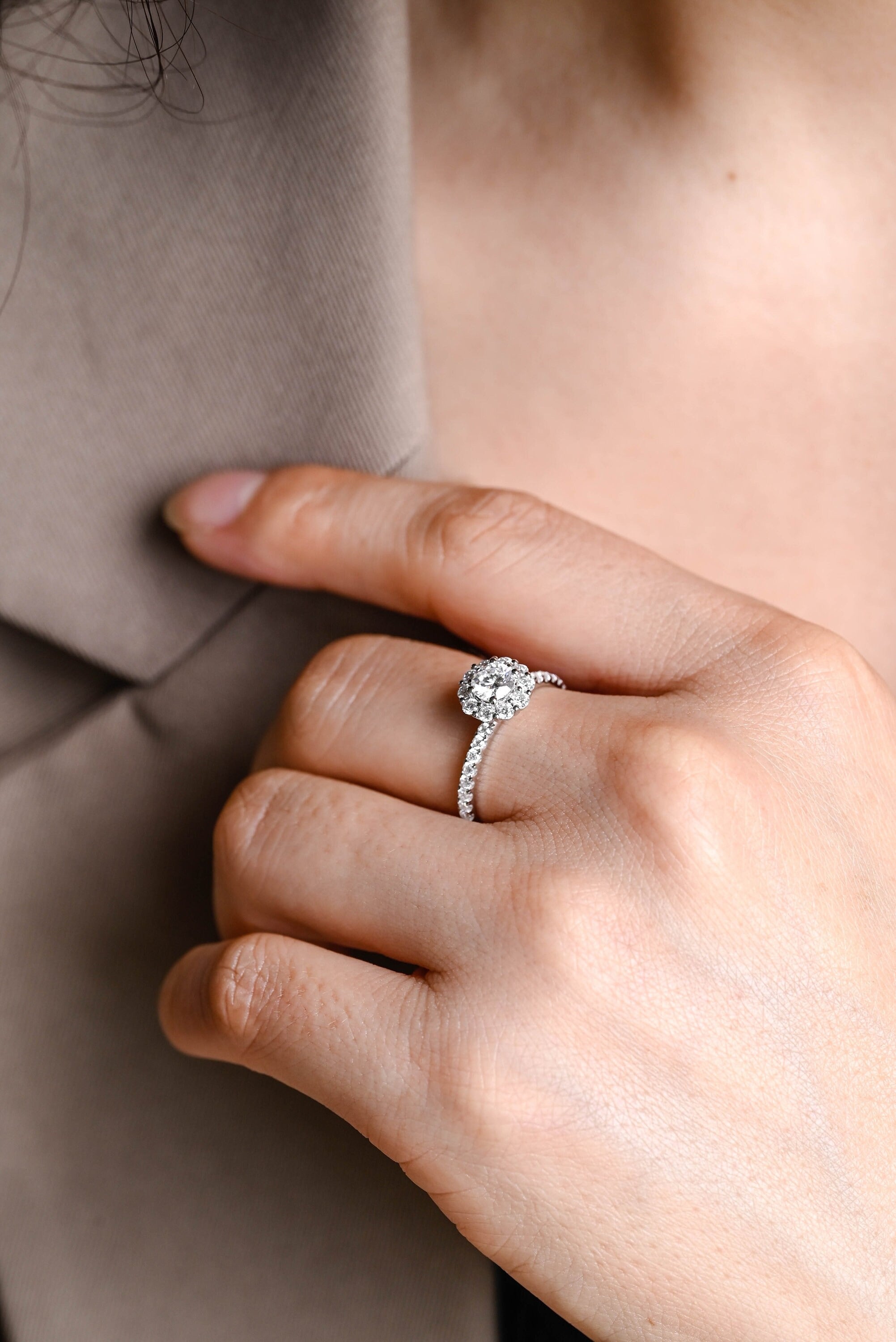 Solid Gold Sunflower Round Moissanite Engagement Ring, Half Eternity Promise Ring