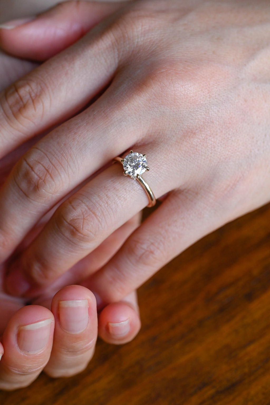 Solid Gold Hidden Halo Round Cut Moissanite Engagement Ring, Solitaire Promise Ring for Her