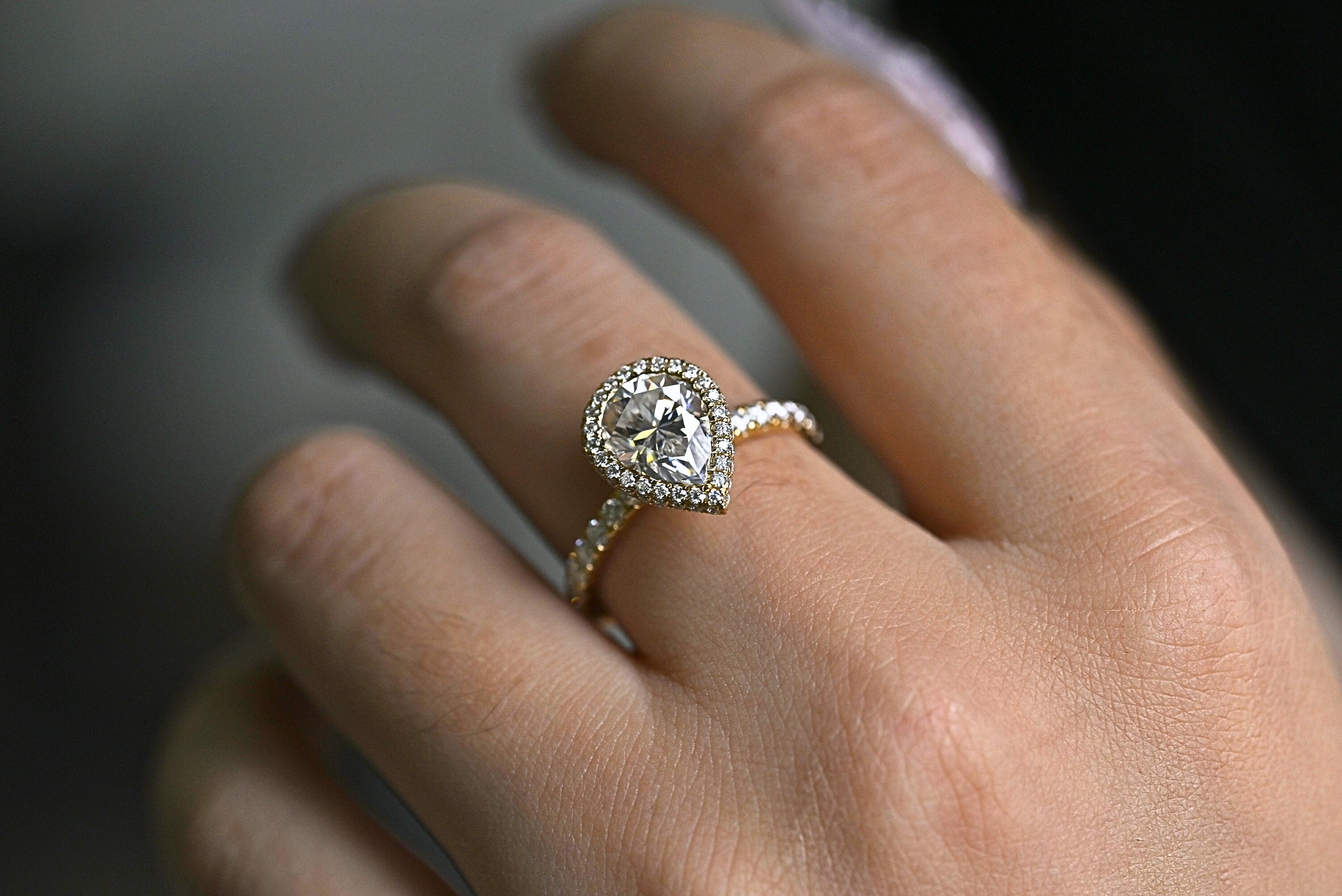 Solid Gold Pear Moissanite Engagement Ring, Half Eternity & Halo Promise/Proposal Ring
