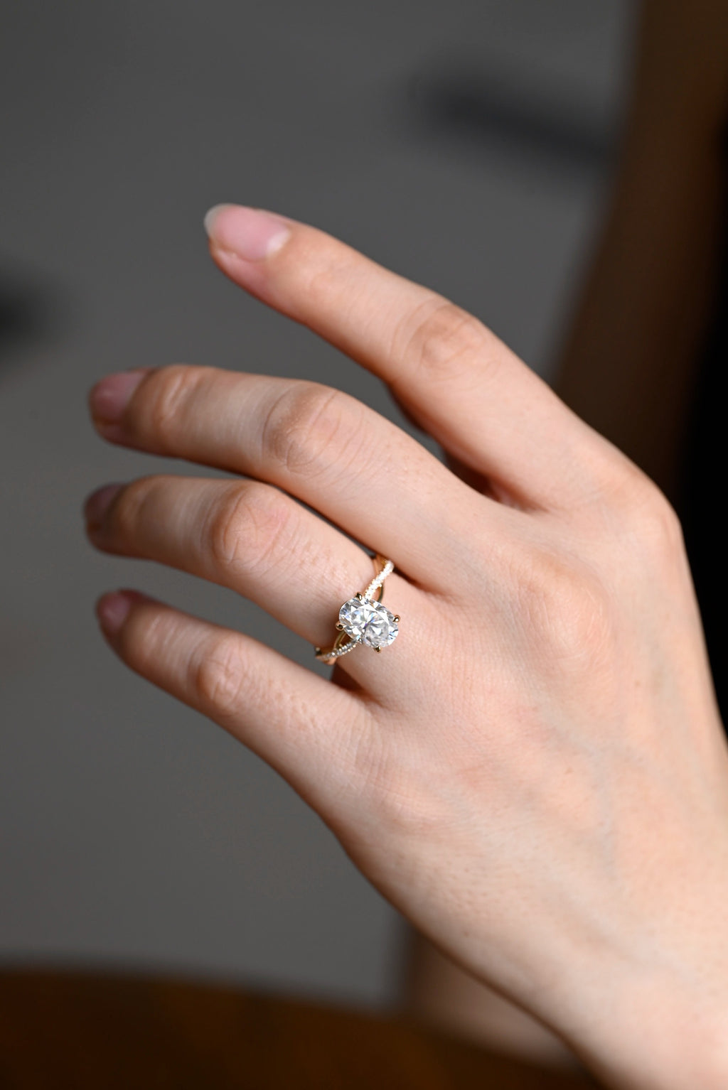 Solid Gold Oval Moissanite Engagement Ring, Twisted Band Half Eternity Bridal Ring