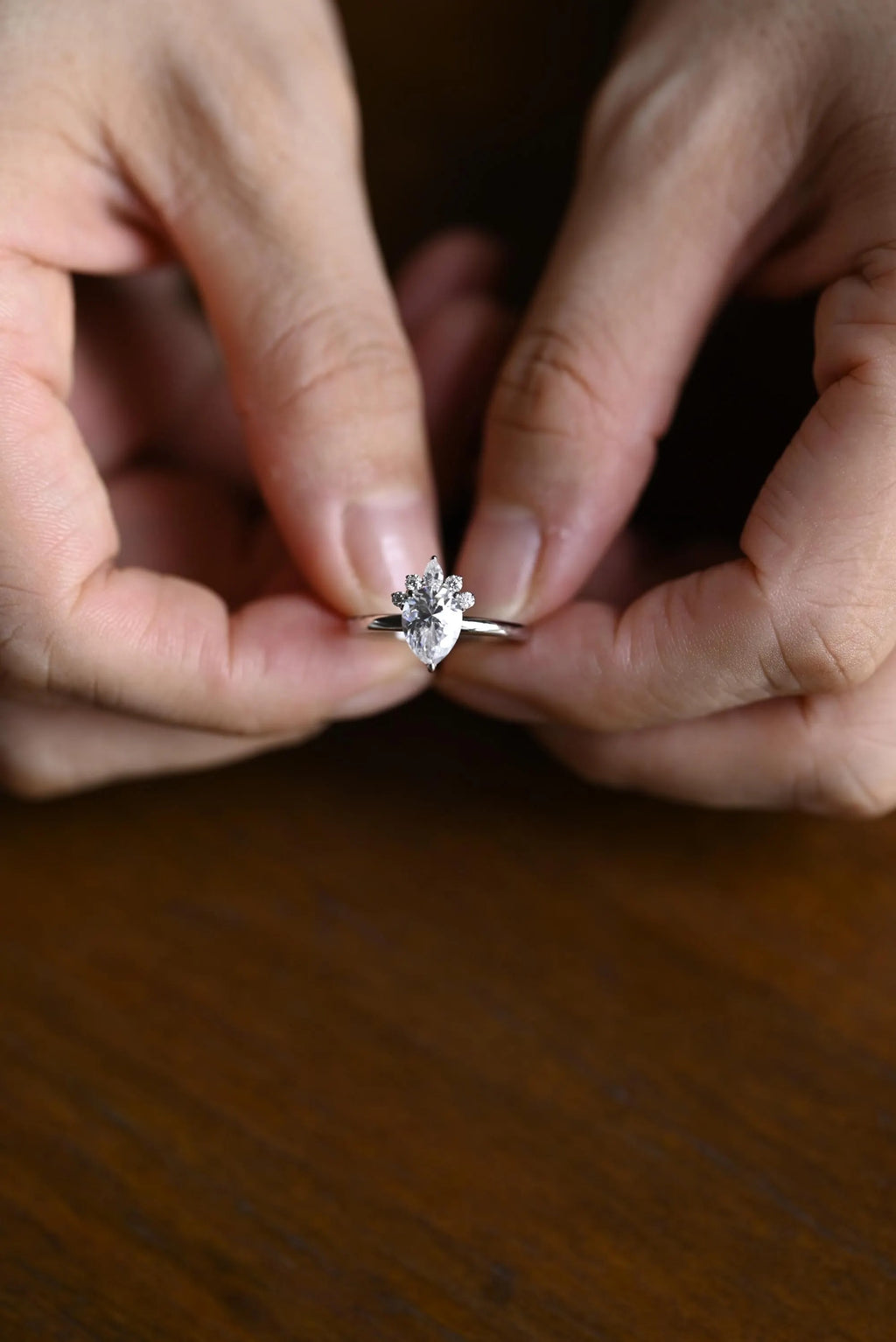 Solid Gold Pear Moissanite Engagement Ring with Accent Stone, Tear Drop Ring