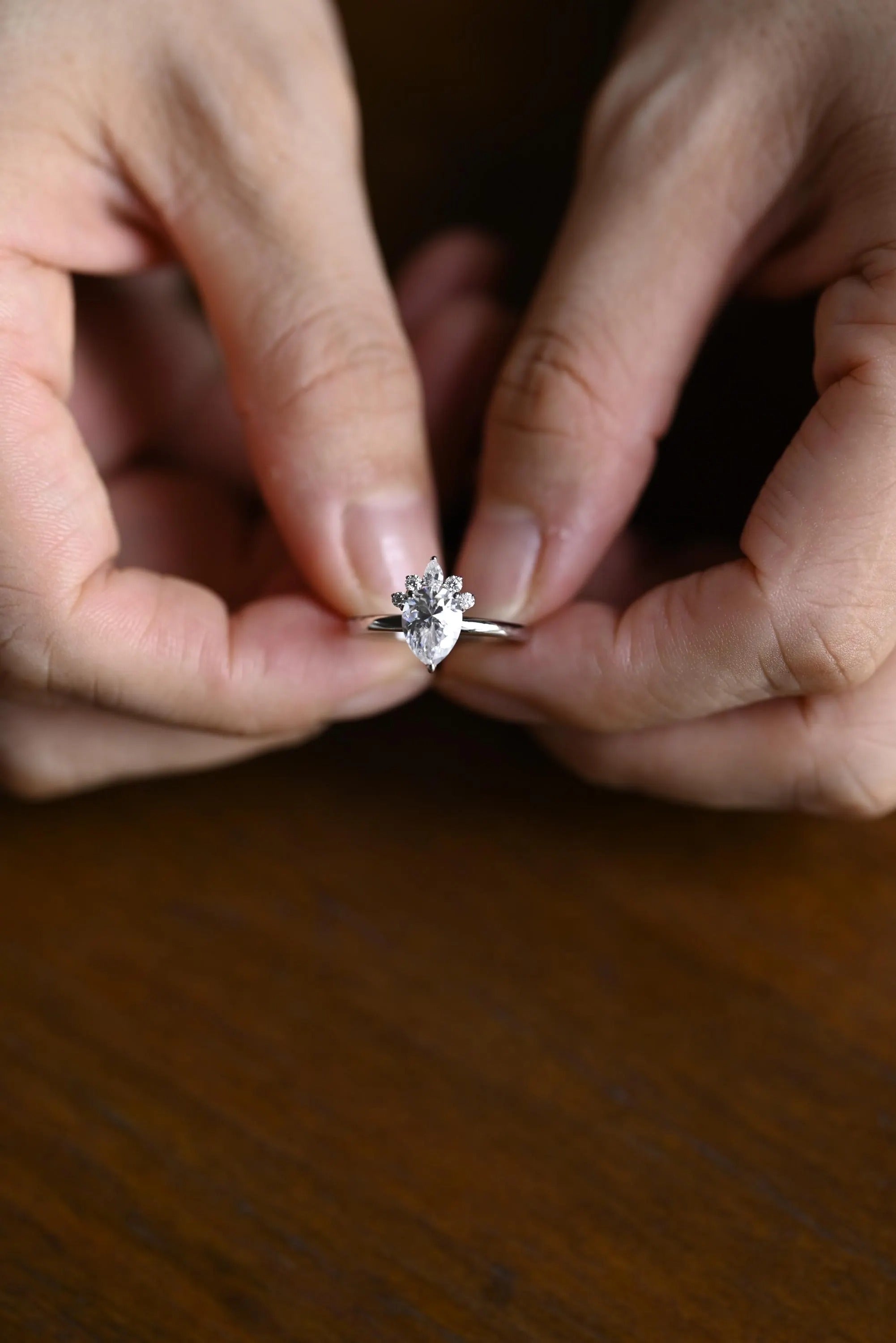 Solid Gold Pear Moissanite Engagement Ring with Accent Stone, Tear Drop Ring