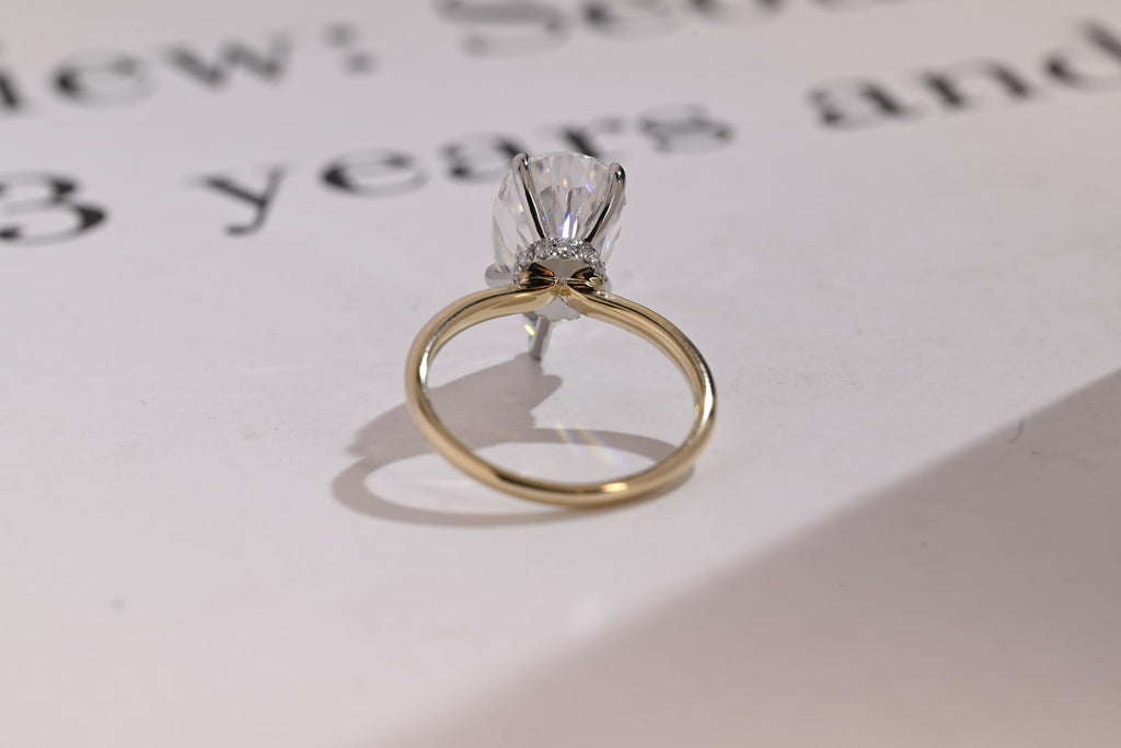 Solid Gold Two Tone Pear Moissanite Engagement Ring, Hidden Halo Promise Ring