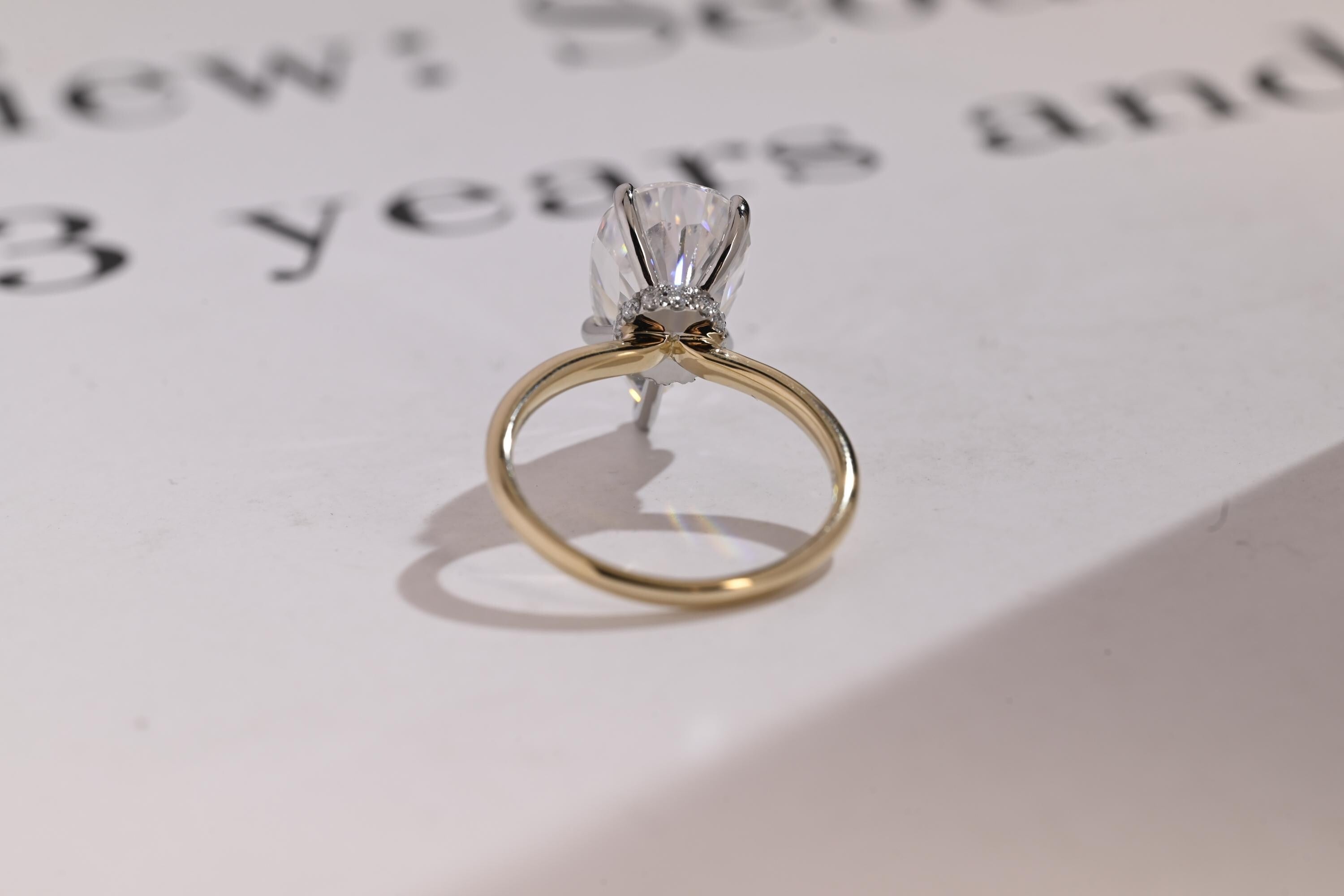 Solid Gold Two Tone Pear Moissanite Engagement Ring, Hidden Halo Promise Ring