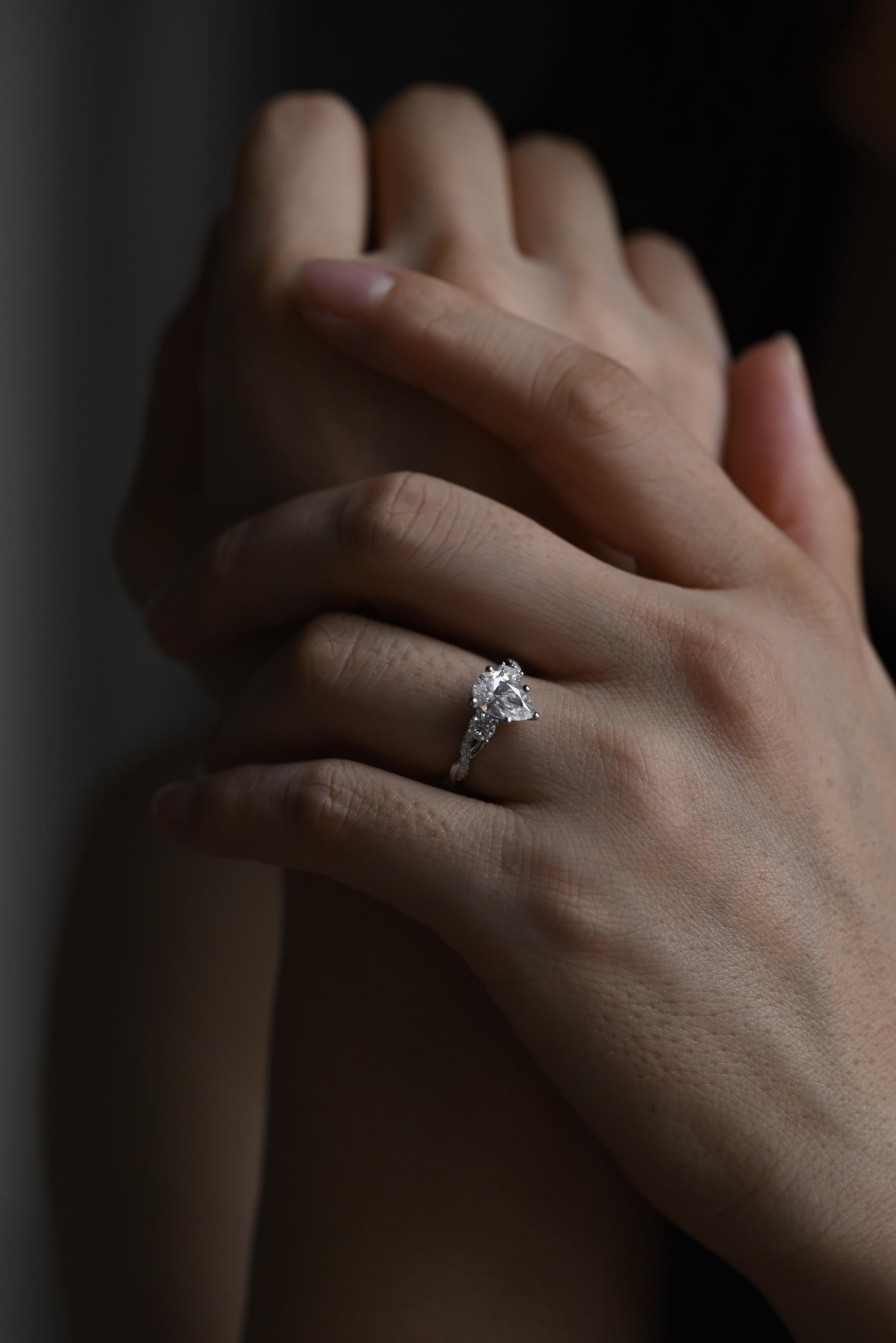 Solid Gold Pear Moissanite Engagement Ring, Twisted Band Half Eternity Bridal Ring