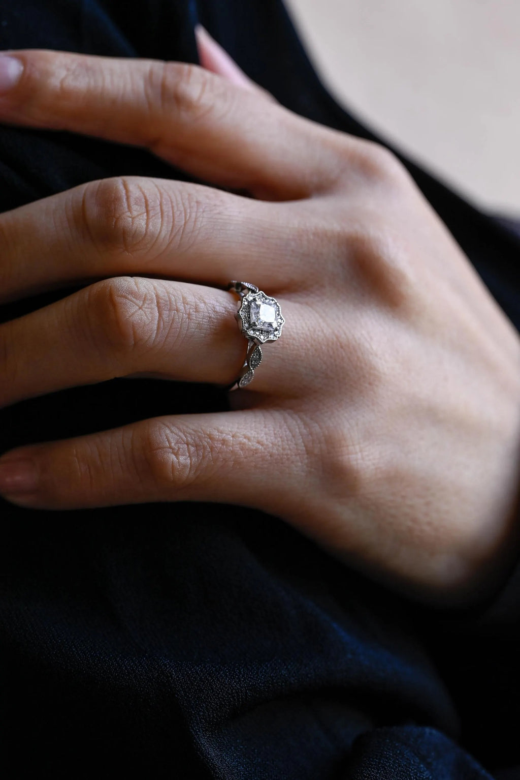 Solid Gold Princess Cut Moissanite Engagement Ring, Beaded Halo Proposal Ring