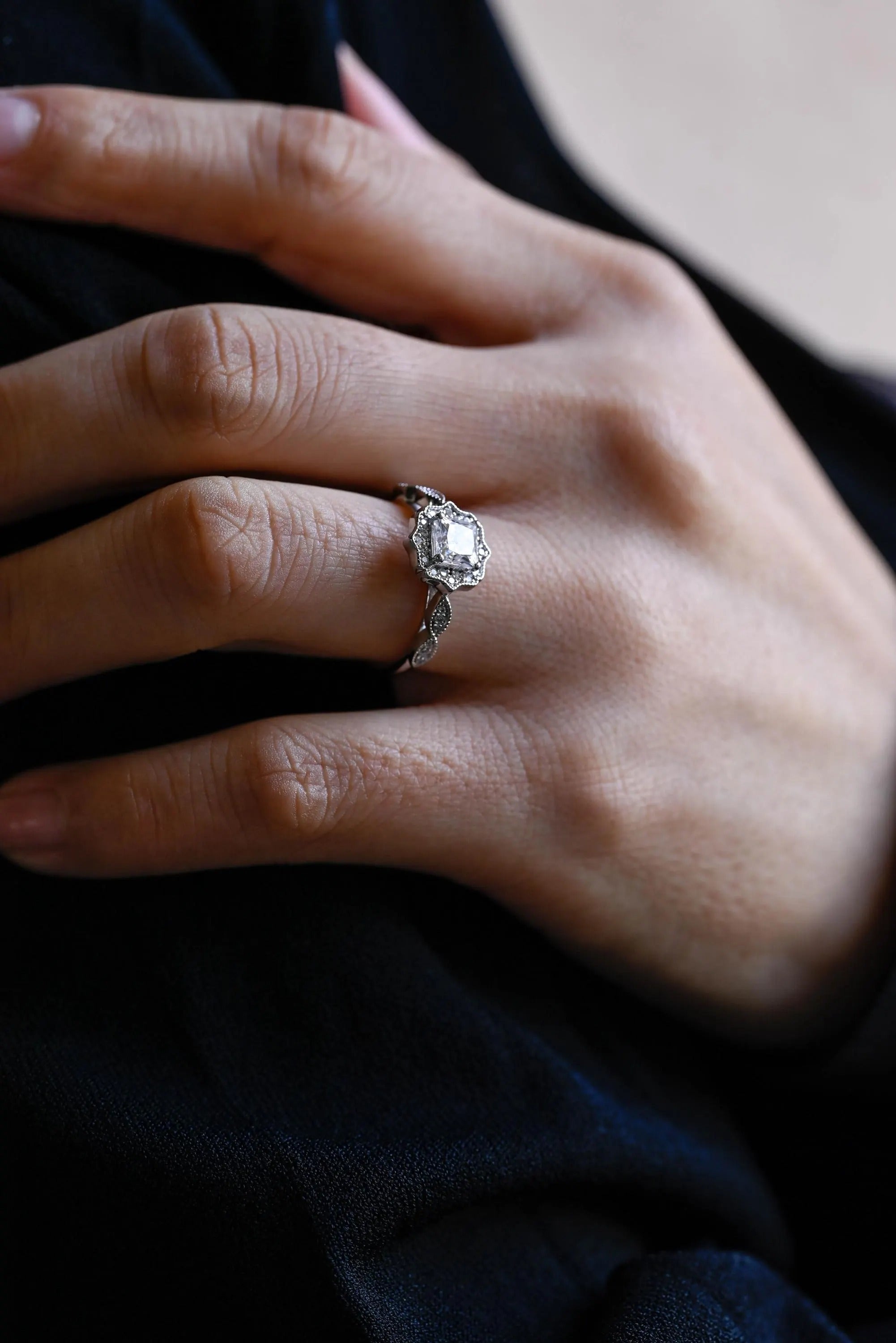 Solid Gold Princess Cut Moissanite Engagement Ring, Beaded Halo Proposal Ring