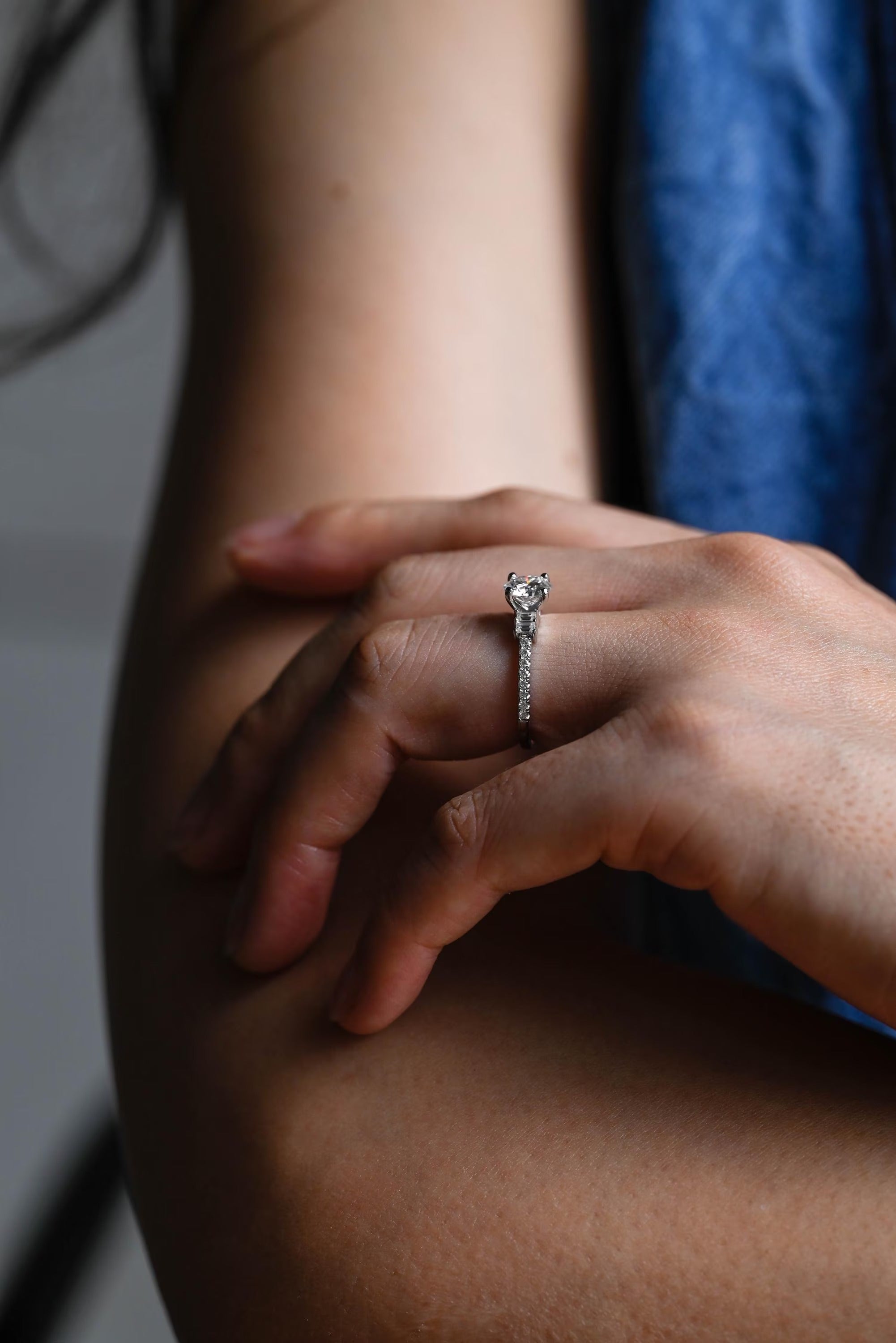 Solid Gold Round Moissanite Engagement Ring, Half Eternity Promise Ring