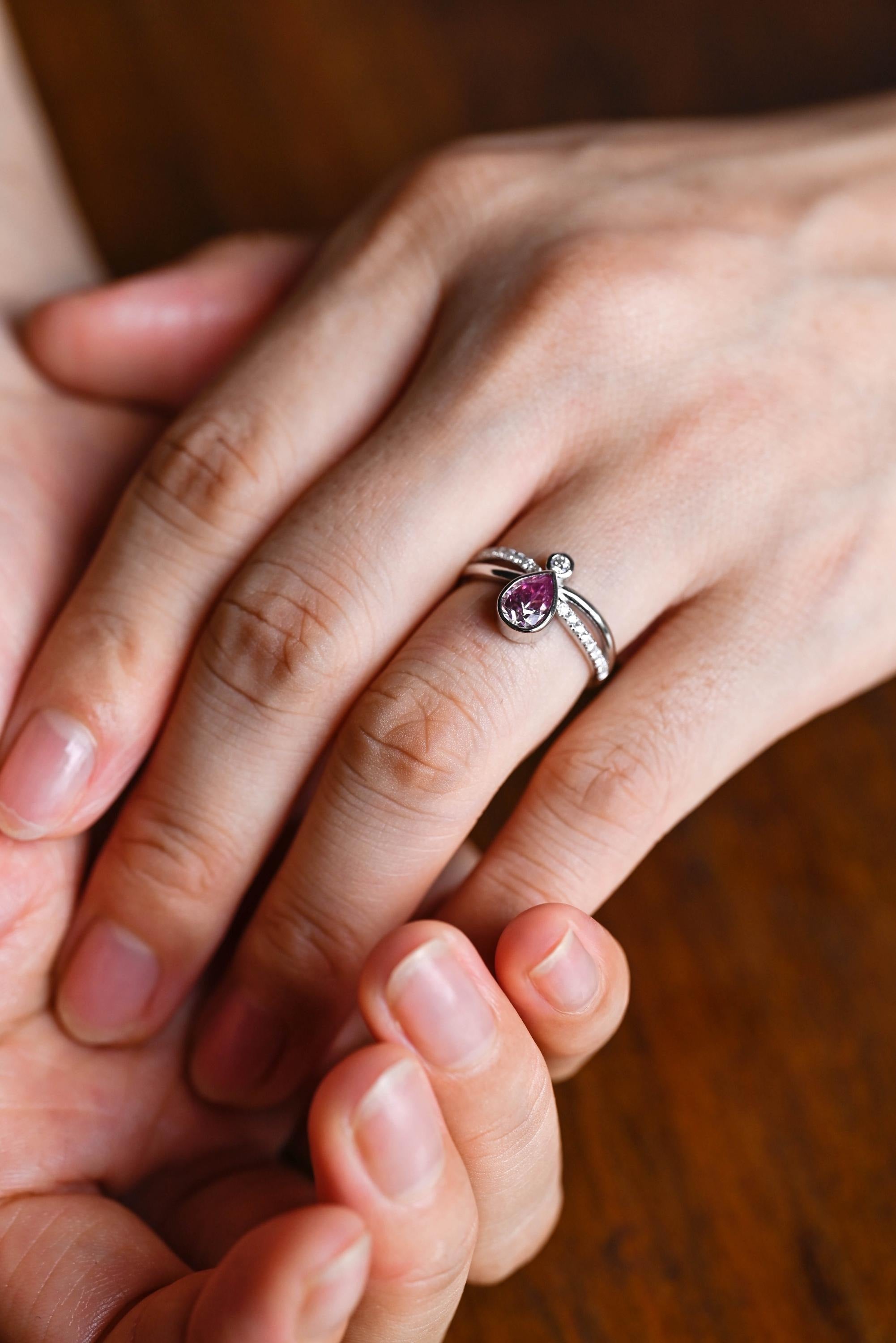 Solid Gold Pear Cut Purple Lab Grown Sapphire Engagement Ring, Split Shank Promise Ring