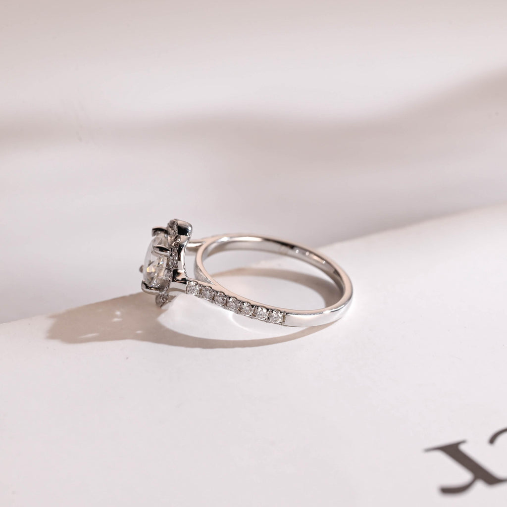 Solid Gold Round Moissanite Engagement Ring, Floral Halo Ring