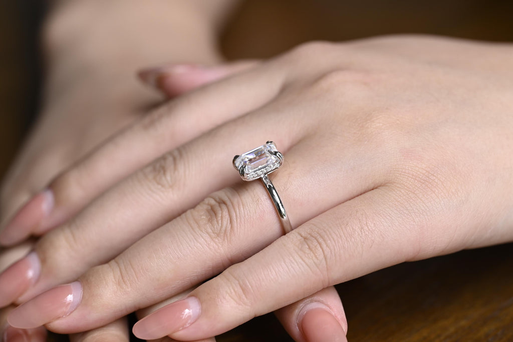 Solid Gold Double Prongs Emerald Cut Moissanite Engagement Ring, Promise Ring
