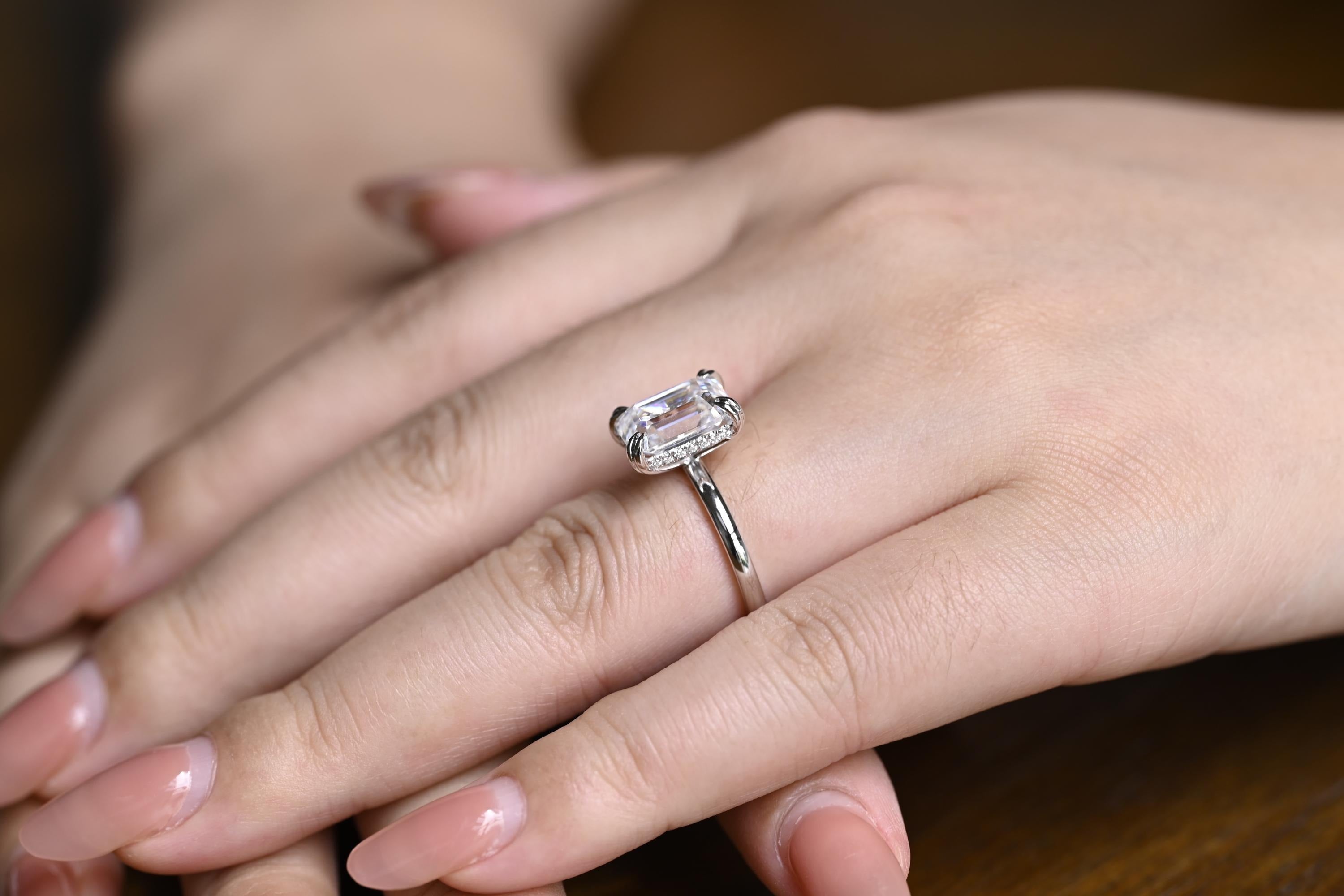 Solid Gold Double Prongs Emerald Cut Moissanite Engagement Ring, Promise Ring