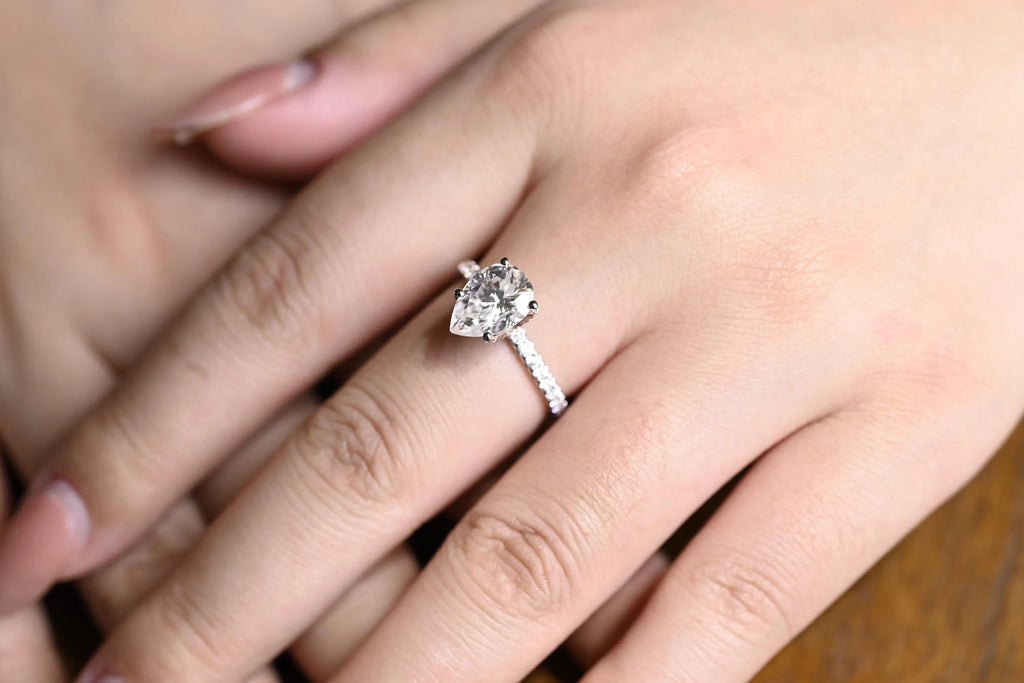 Solid Gold Tulip Flower Pave Pear Moissanite Engagement Ring, Promise Ring